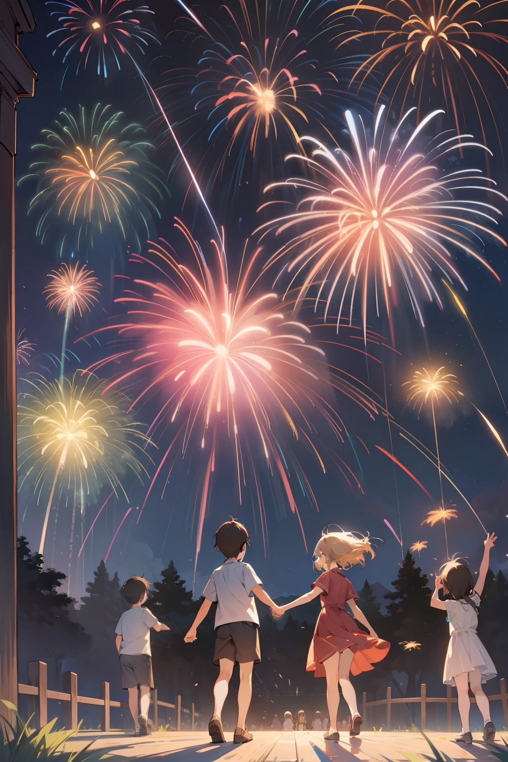 superfine illustration, Best Quality, In the clear night sky, Countless fireworks dance gracefully, And under them, Children holding hands and looking up curiously. It is a scene wrapped in a fantastic and nostalgic atmosphere., Reminiscent of memories of past summers.