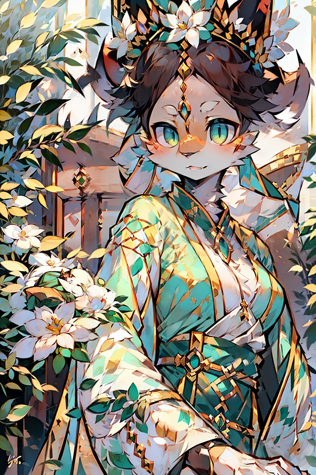 Close up portrait of woman in green dress and flowers in hair, palatial palace ， a girl in hanfu, beautiful character painting, artwork in the style of guweiz, guweiz, by Yang J, a beautiful fantasy empress, beautiful digital works of art, a beautiful artwork illustration, by Li Song, in the art style of bowater