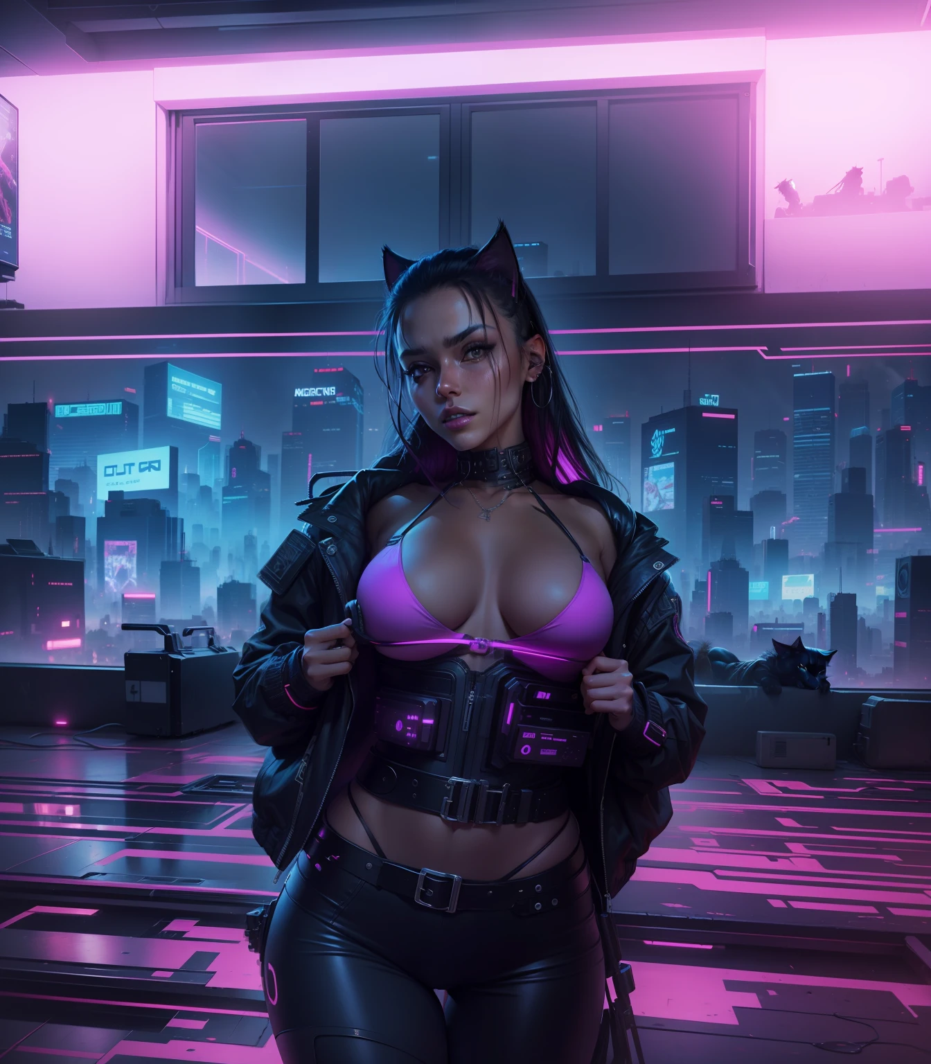 Change background into cyberpunk, clothes on catwomen, 8k ???? girl, ??? big hot, realistic