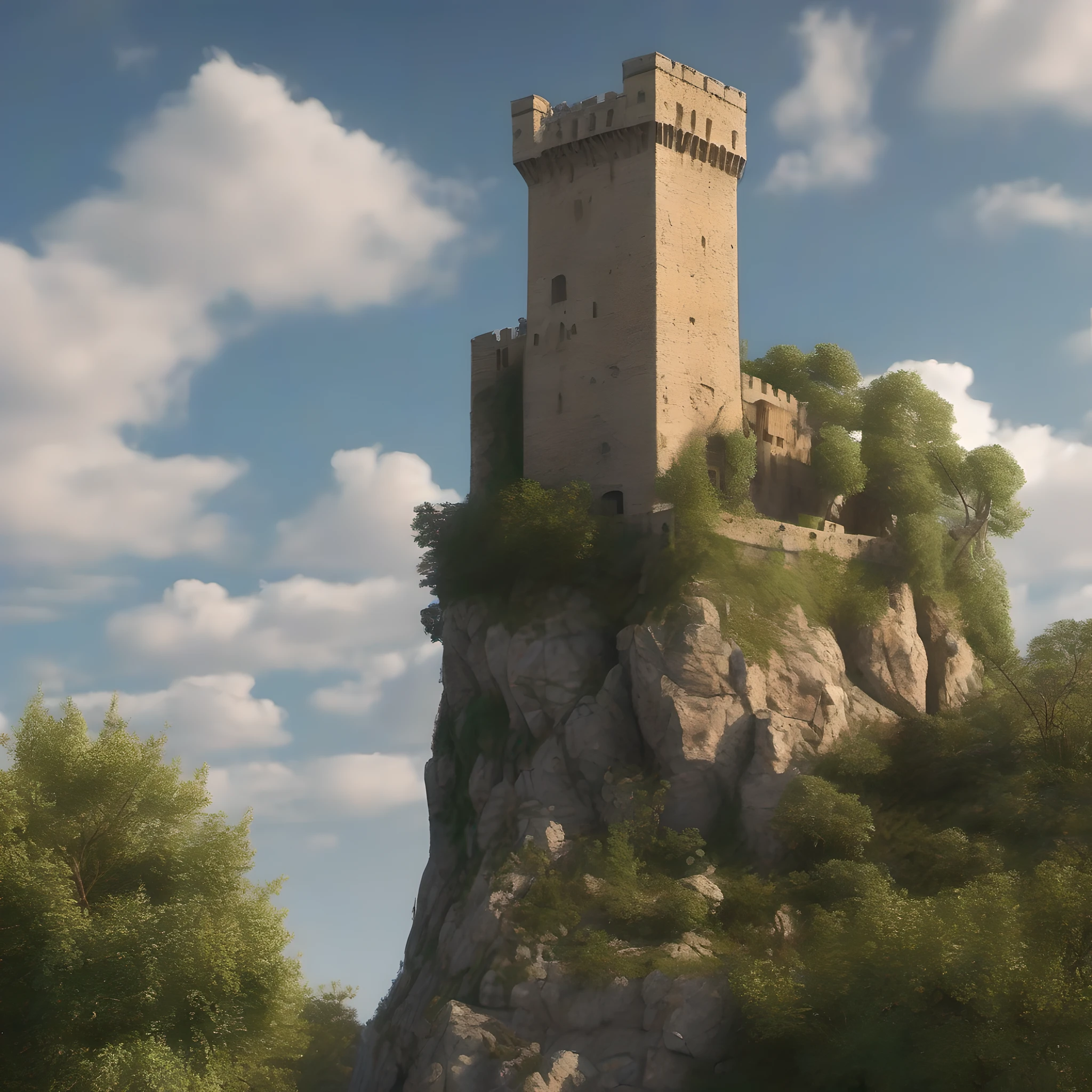 Large medieval tower on top of a rock suspended in the air that can only be climbed by the thick vines hanging from its battlements, 8K, UHD.