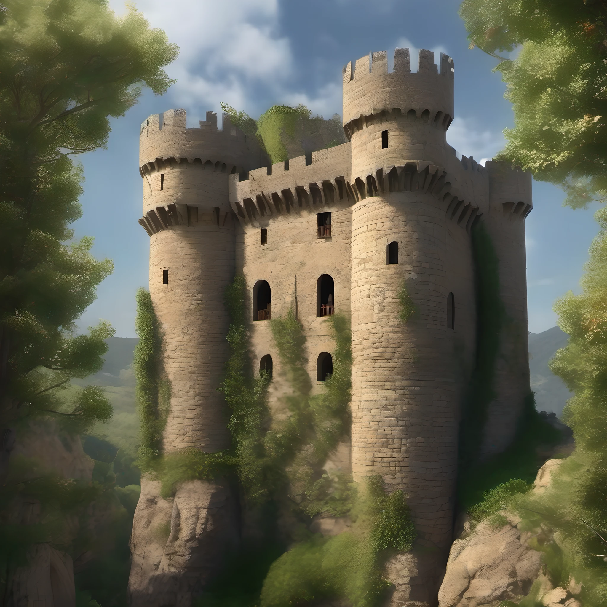 Large medieval tower on top of a rock suspended in the air that can only be climbed by the thick vines hanging from its battlements, 8K, UHD.