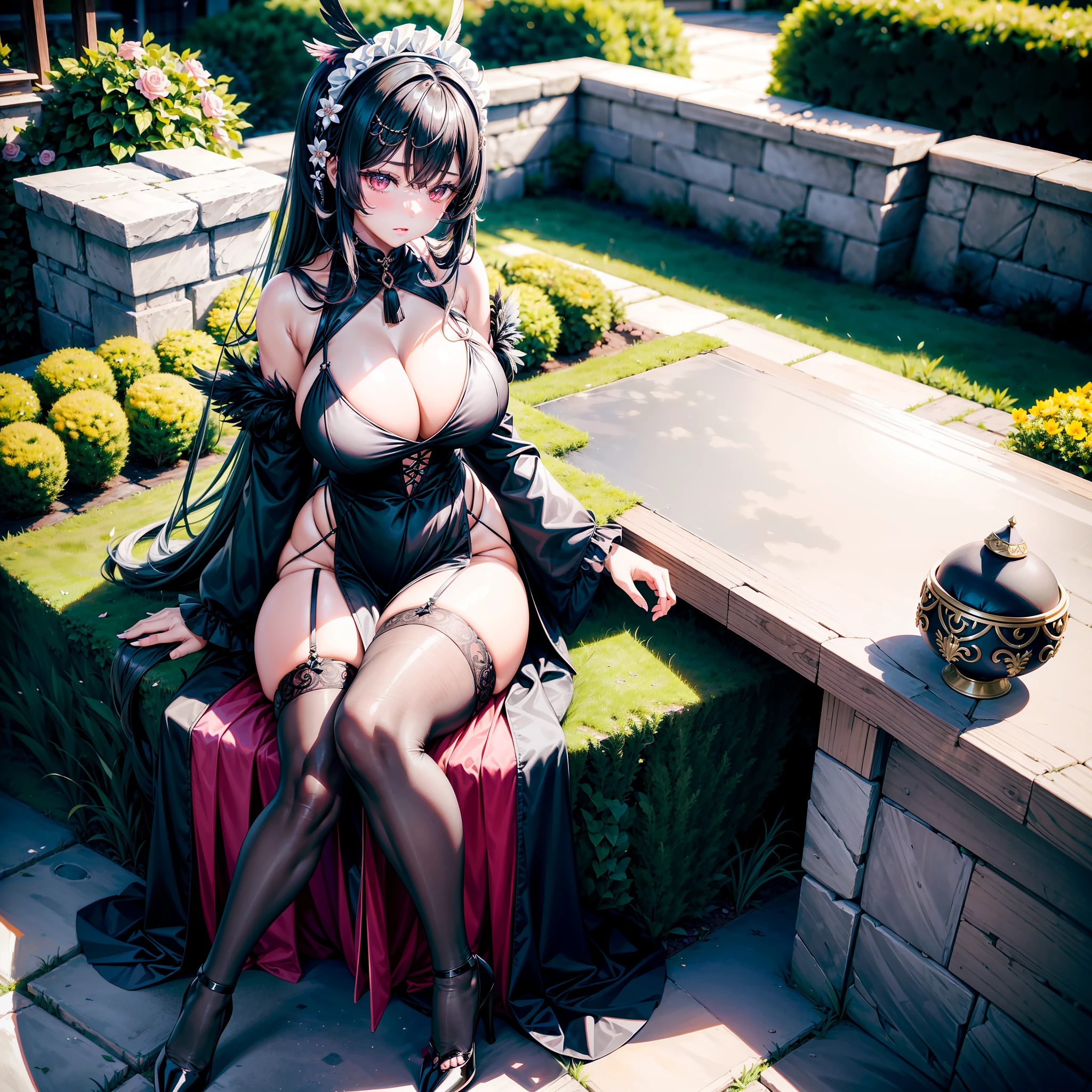 1girll,独奏,on the garden,sit on chair,cabelos preto e longos,feathered headdress,Black dress,black lence stockings,Lori huge breasts cleavage,Full thighs,Childlike big breasts,Pink eyes,A coquettish expression,Black high heels,Full body photo