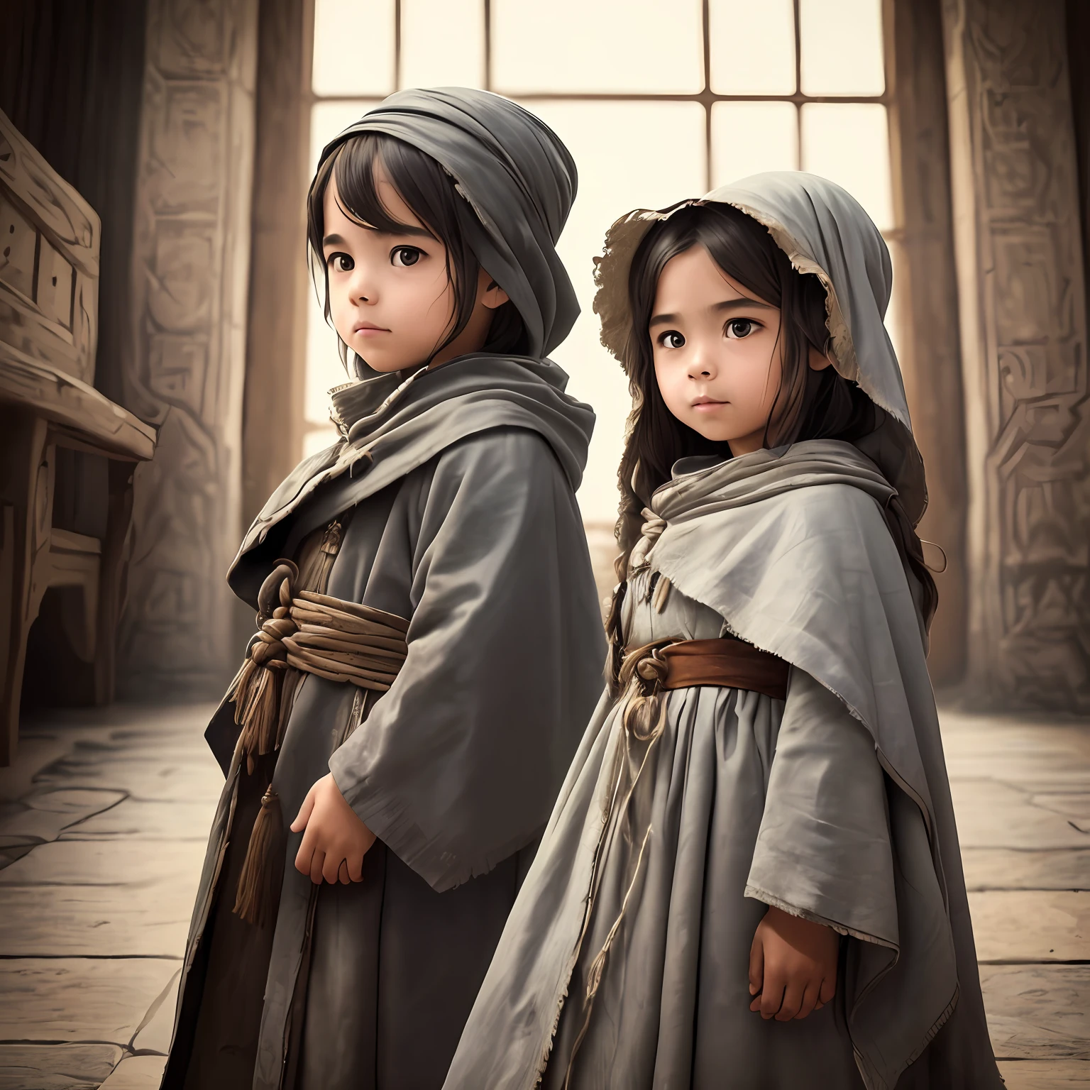 scenery, A huge ruined room with traces of battle, Duo of a girl and a boy, side-view, Hi-Def, ultradetail, European facial features, realeme fentezi, Pattern, portraite of a, side glance: childish, 3 years, dark brown long hair, dark eyes, Frowning, A fighting look into the distance, dressed in an old shabby gray cloak,Beautiful handkerchief, wrapped around her head, Hands raised up, Clarity: 8 months, scenery: side view Huge throne room with large windows, A 3--old l in an old raincoat stands near the throne, Ao fundo, Near the throne, A 3-year-oly hug girl by the shoulders, Rear side view: A 3-year-old boy ha giry the shoulders, Standing behind the throne of steam (((male)), fashion photography, (Full portrait), (half), 独奏, Detailed background, Detailed Face, (stonepunkAI, Stone theme:1.1), wise, (beautiful hair, braid: 0.2), shaman, The partition is harsh, mysterious, (Gorgeous face), Stunning, The head is tilted upwards, (calm expression on his face), Calm, Intimate Interaction. detailed clothes, realistic skin texture, Clear Focus, voluminous lighting, Good moments, Good shadows, sub-surface Scattering, Complex, Highly detailed, ((film)), dramatic, (Highest Quality, Award-winning, Masterpiece: 1.5), (Realism)