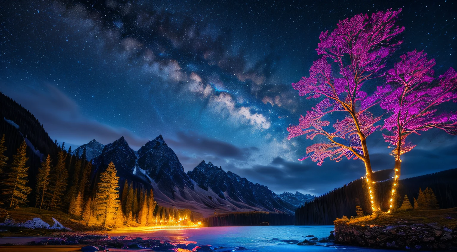 best quality, masterpiece, beautiful wild and natural fantasy landscape with glowing lights