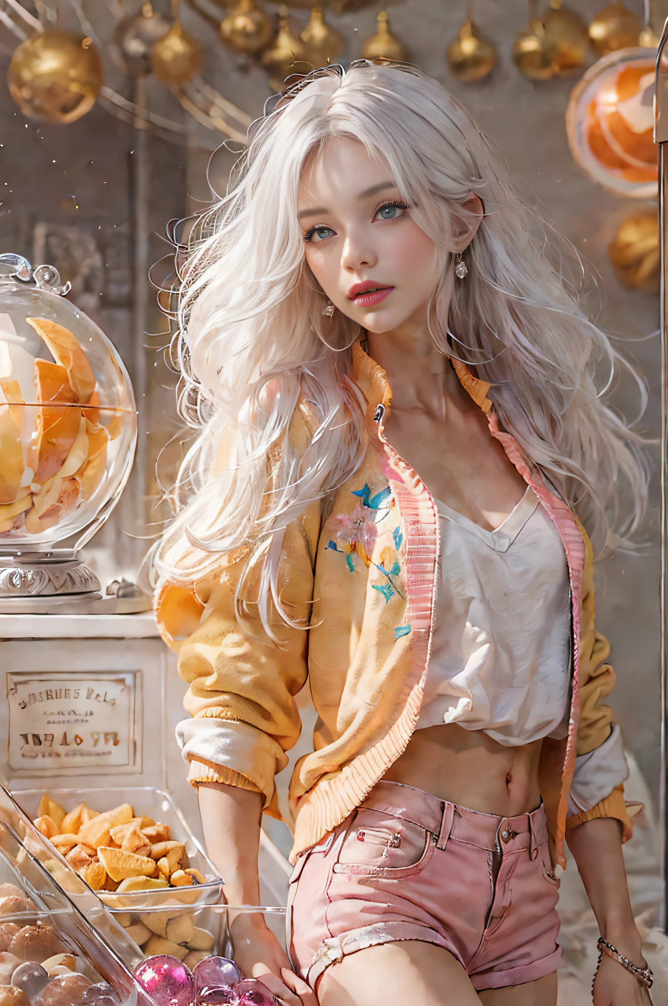 Warm color environment，femele，White silver hair，long whitr hair，After the cash register，Sexy body，Pink cape jacket，Glowing glass crystal ball on a cash register，White color blouse，Orange denim shorts