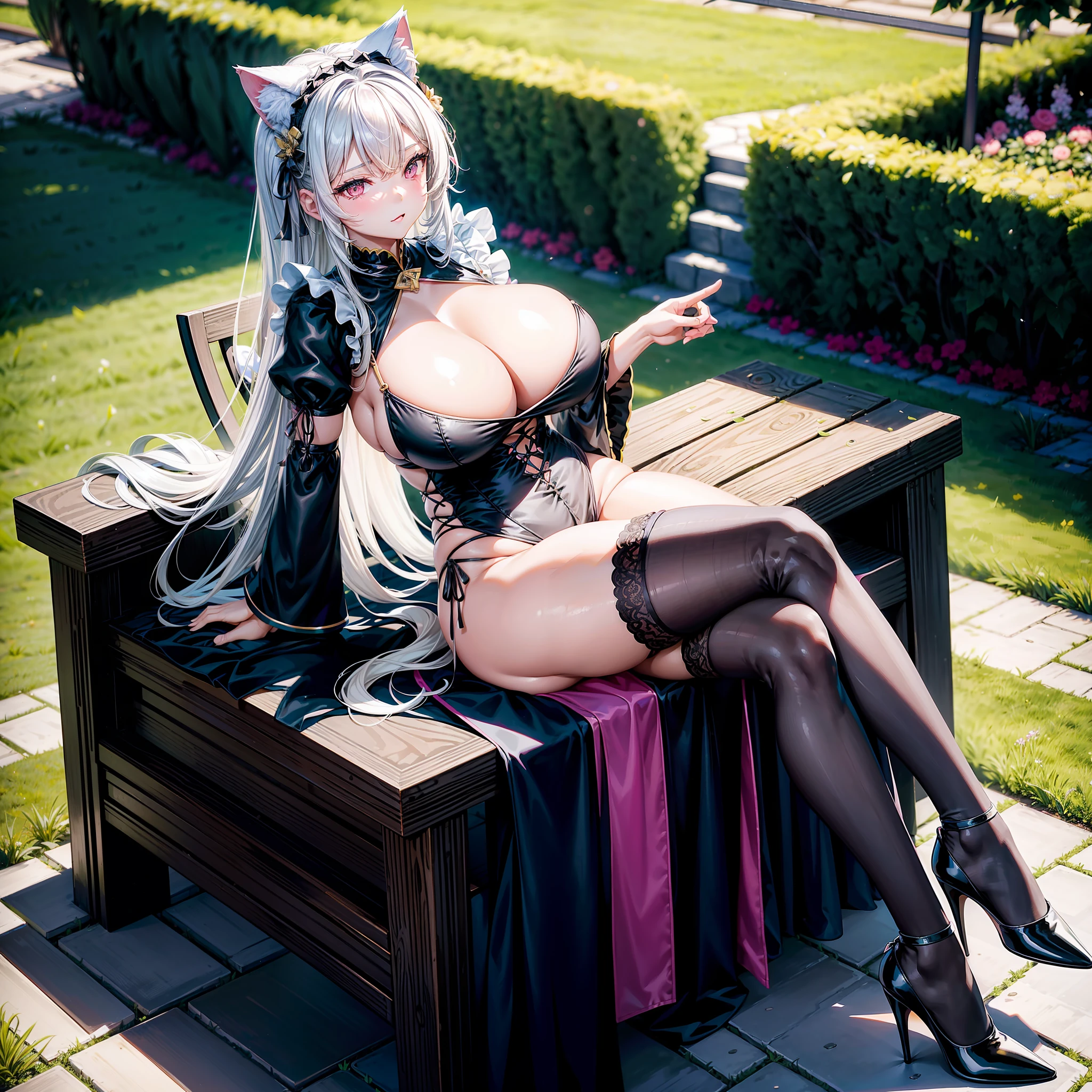 1girll，独奏，on the garden，sit on chair，cabelos preto e longos，Cat's ear headdress，Black dress，black lence stockings，Lori huge breasts cleavage，Full thighs，Childlike big breasts，Pink eyes，A coquettish expression，Black high heels，Full body photo