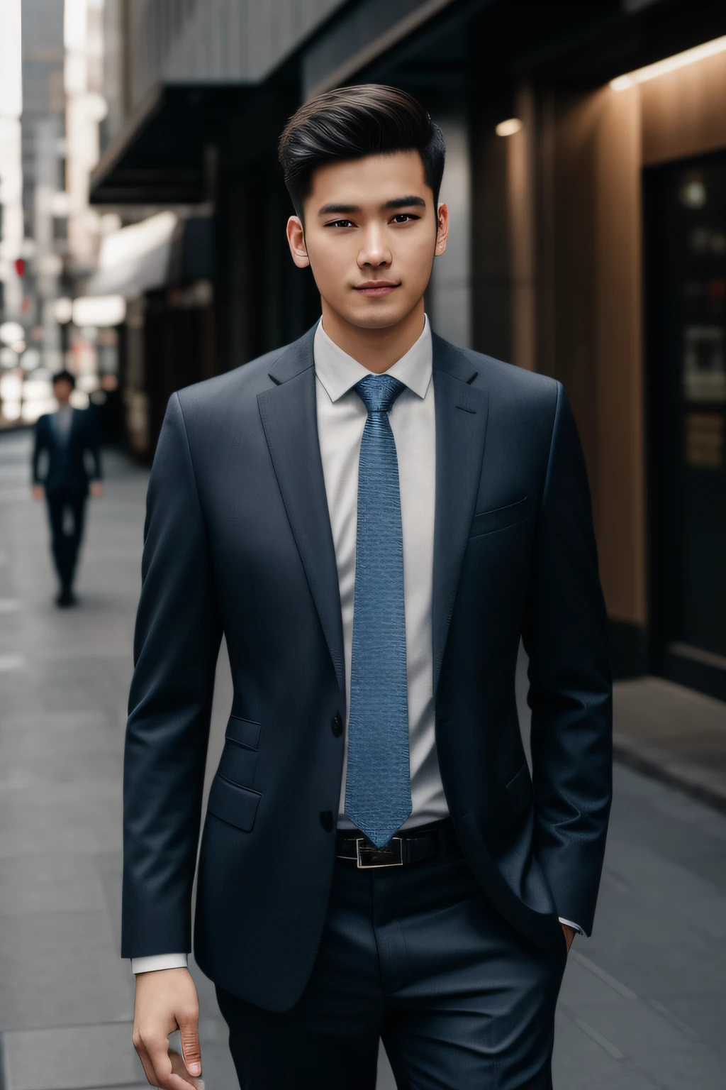 RAW Photography、Portrait photo of a 25-year-old man in a suit、daytime、the city street、（High resolution skin：1.2）、8K UHD、Digital SLR、softlighting、hightquality、film grains、FujifilmXT3