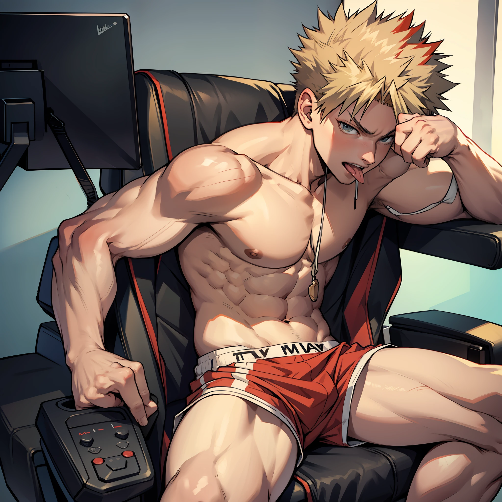 Bakugou in his underwear on the gaming chair giving his tongue and middle finger