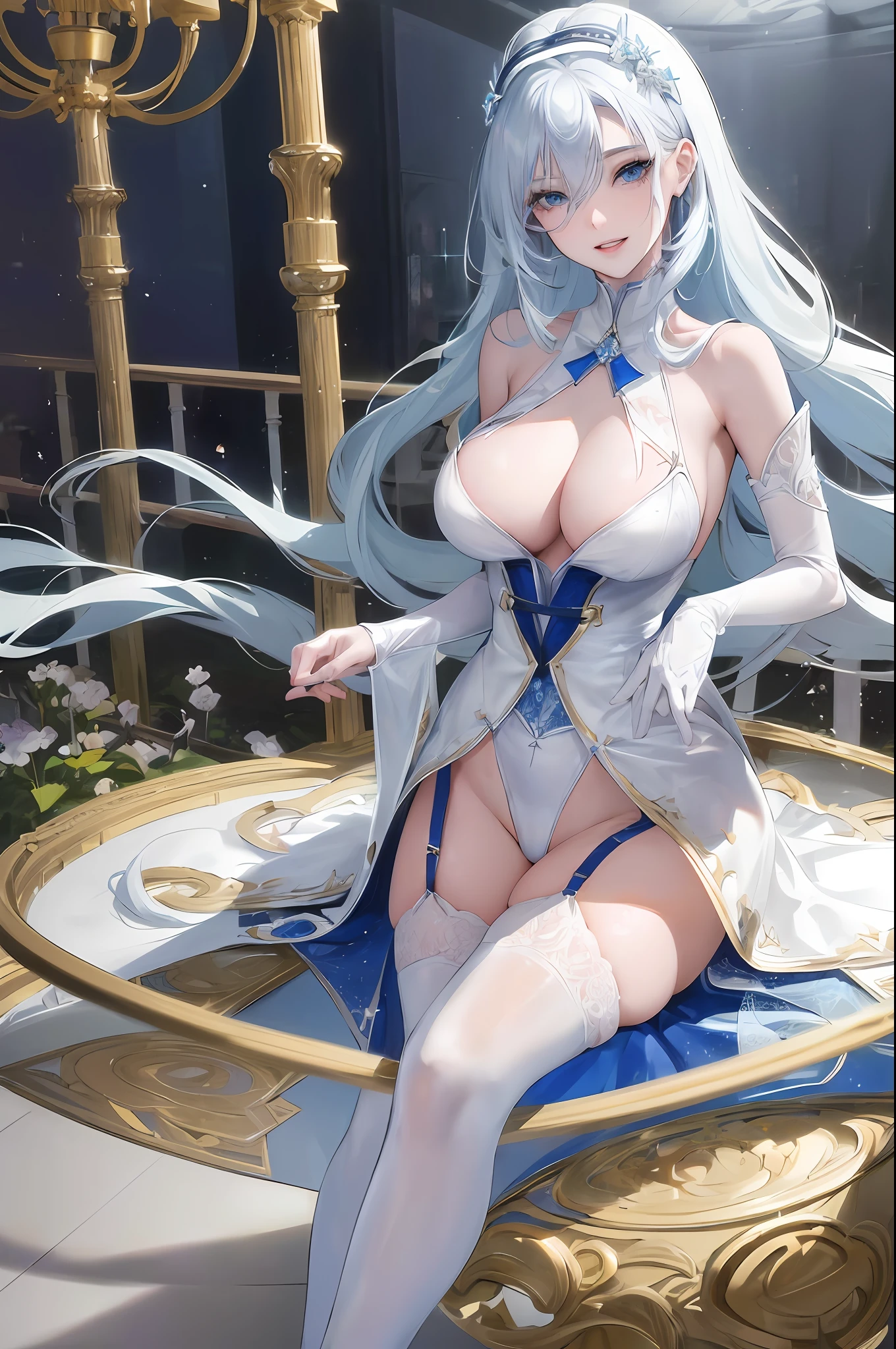 1girl, official art, masterpiece, sharp focus, (beautiful gorgeous cute Korean woman:1.3), (beautiful cute korean:1.3), korean beauty, Delicate and beautiful hair and eyes and face, realistic, ultra detailed, beautiful girl, fancy ballroom, glow white particle, (sidelighting:1.2), lavish interior, slender, Lovely very large breasts and very large hips, smile with teeth, ((smile with eyes, open both eyes)), scenery, long hair, drill hair, sexy facial expression, dynamic hair, long straight hair, detailed platinum hair, glow blue eyes, sexy sheer leotard, garter straps, white thighhighs, pale skin, epic scenery,