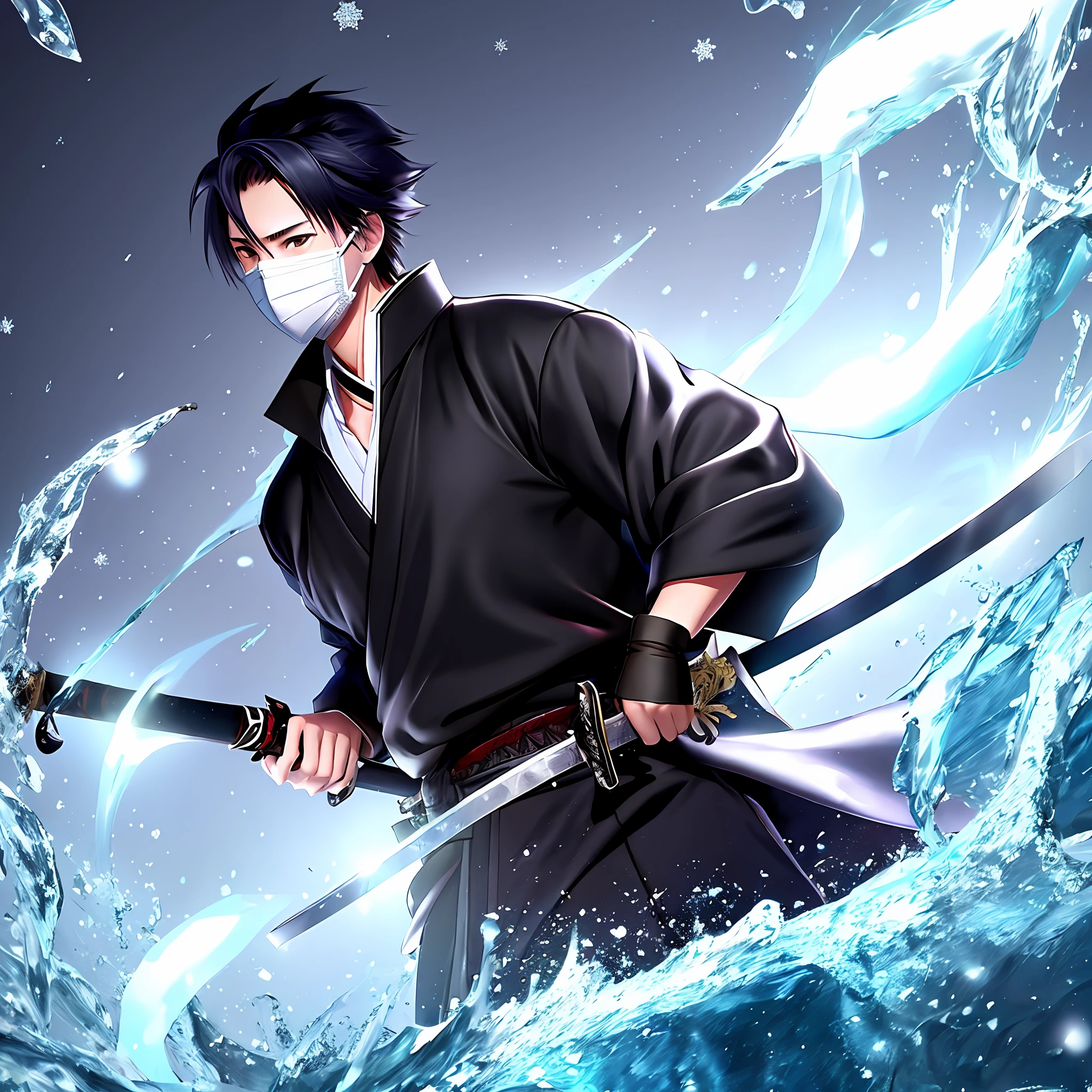Handsome young male two-dimensional samurai guard with sword katana masked black night coat high cold cold fair skin handsome