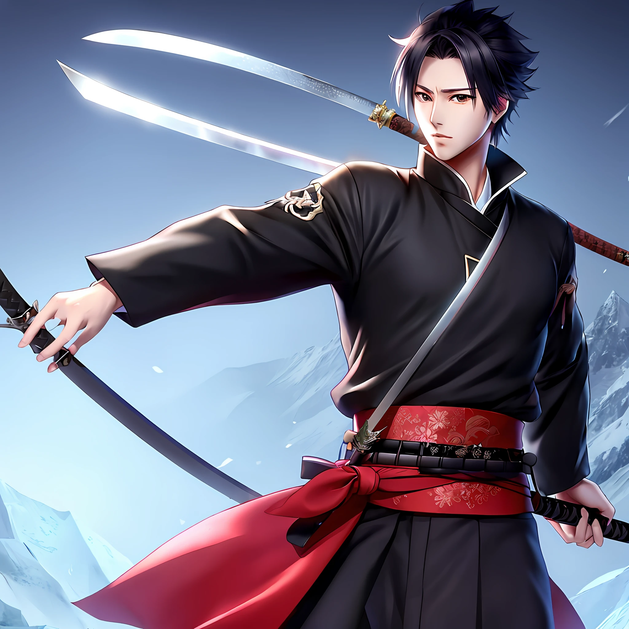Handsome young male two-dimensional samurai guard with sword katana masked black night coat high cold cold fair skin handsome