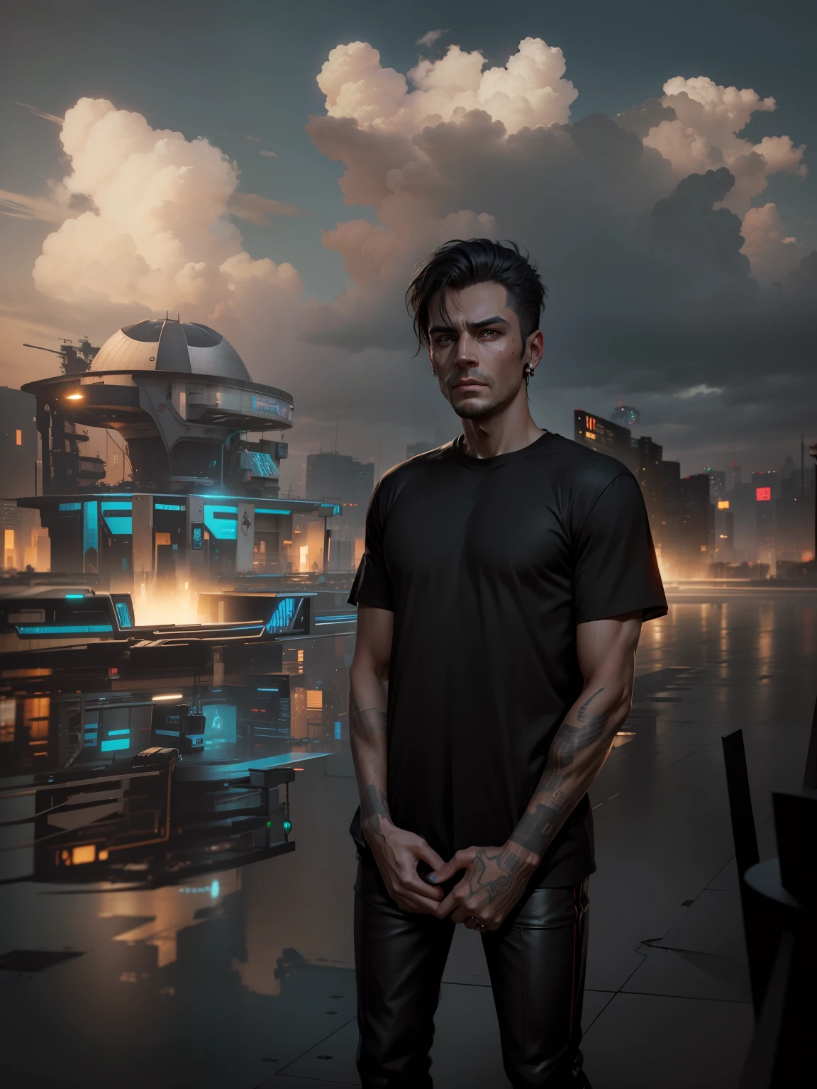 Change background cyberpunk handsome realistic face, black shirt, 8k ultra realistic
