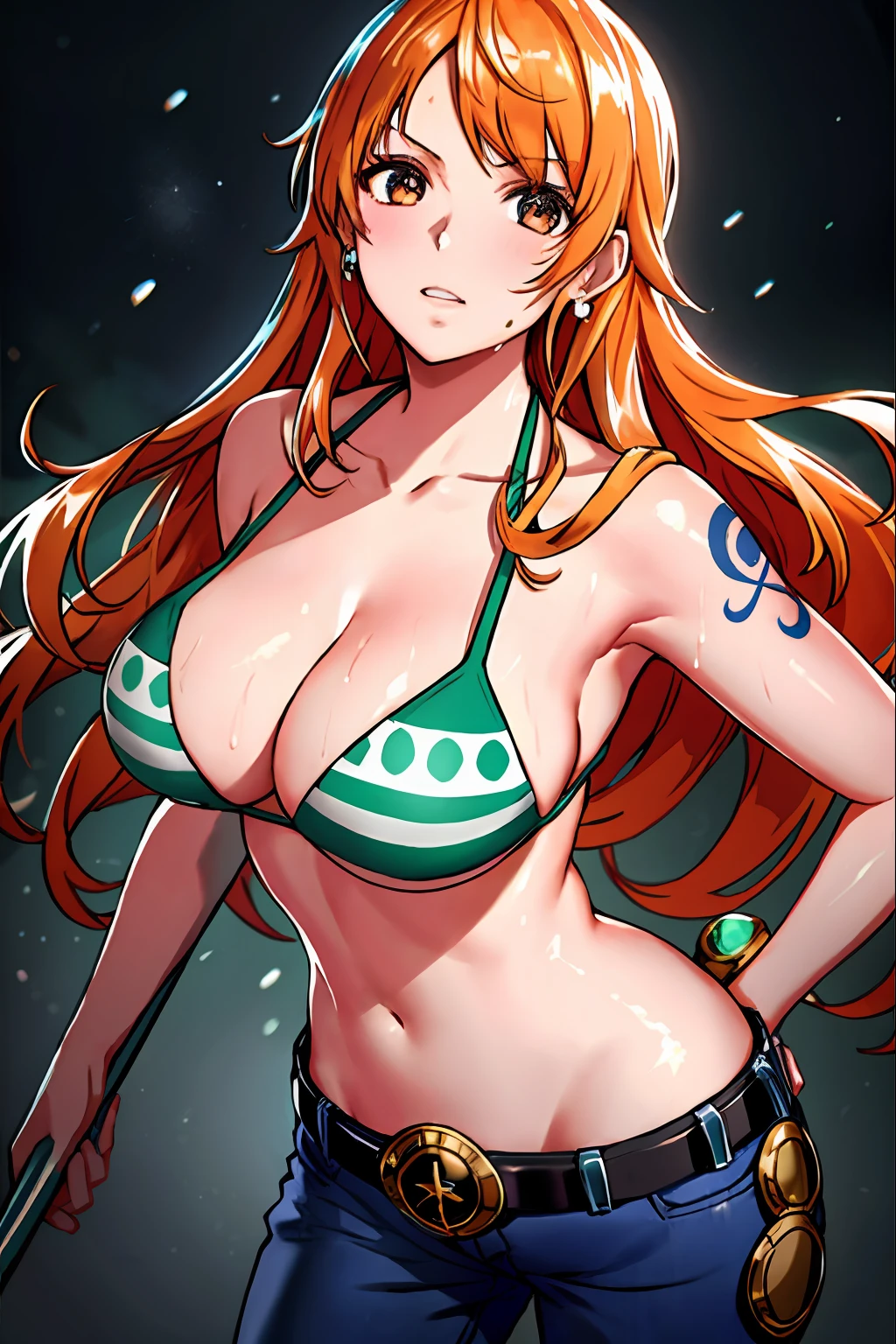 detailed wrestling ring background, wrestling stage, masterpiece, 4k, epic, best quality, late youth, adult, wrestler body, strong, 1girl, active, energic, (large mouth) , solo, nami \(one piece\), 1girl, bangle, (very wet, drenched in sweat, sweat all over body, very wet hair, tired, open mouth, exhausted, shouting, sweaty face, sweaty body, sweating too much, shiny sweat, leaning, hands on hips, serious, glaring, open eyes, perfect detailed face, round face, sweat on face) bold drawing lines, muscular arms, detailed bold arm lines, flat jaw, adult woman, wavy wide streaked bangs, floating bang, (big cheeks), bare shoulders, belt, bikini, bikini top only, bracelet, springy breasts, breast lines, big round eyes, very big brown shiny eyes, high eye position, cleavage, denim, earrings, floating hair, shiny hair, green belt, green bikini, bold groin lines, jeans, jewelry, medium breasts, log pose, long hair, looking at viewer, big navel, wet hair, orange hair, pants, shoulder tattoo, sidelocks, solo, standing, stomach, swimsuit, tattoo , looking at viewer, open mouth, detailed left arm, big forehead, hourglass figure, small head, toned body, wide hair, wind effect, narrow small ears angle, older, random poses,