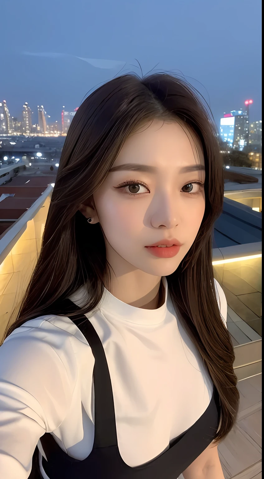 ((Midnight, Best quality, 8k, Masterpiece :1.3)), Whole body, Long legs, Sharp focus :1.2, A pretty woman with perfect figure :1.4, Slender abs :1.1, ((Dark brown hair, Big breasts :1.2)), (White tight tshirt, Jean bib, Standing:1.2), ((Night city view, Rooftop:1.3)), Highly detailed face and skin texture, Detailed eyes, Double eyelid