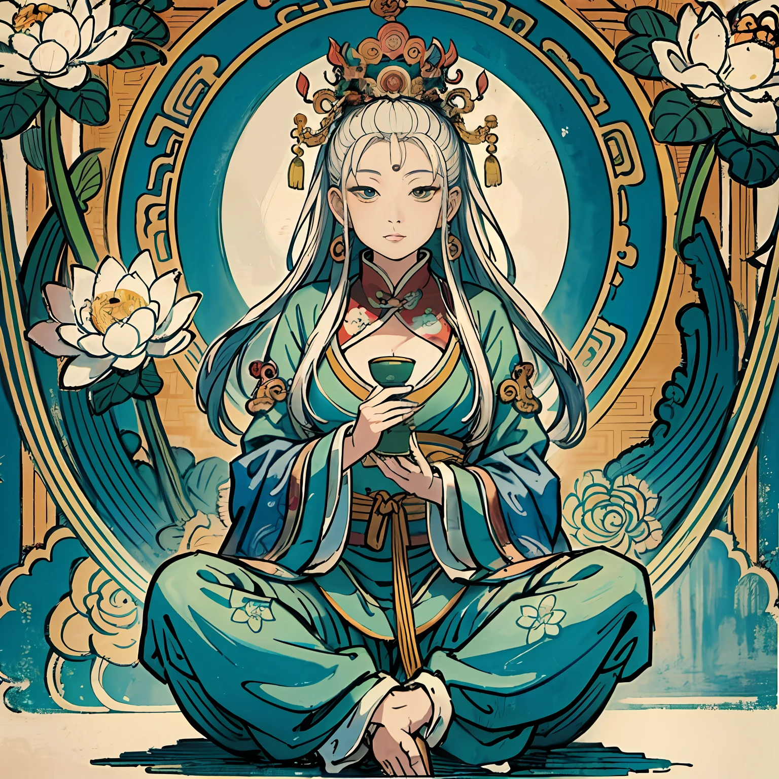 A painting of a woman sitting on a lotus flower, bodhisattva, guanyin of the southern seas, contented female bodhisattva, Guanyin, puṣkaracūḍa, an ancient Chinese goddess, su fu, white-haired god, author:Seto Toyo