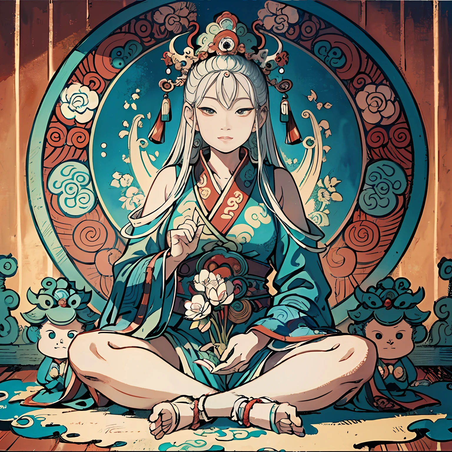 A painting of a woman sitting on a lotus flower, bodhisattva, guanyin of the southern seas, contented female bodhisattva, Guanyin, puṣkaracūḍa, an ancient Chinese goddess, su fu, white-haired god, author:Seto Toyo