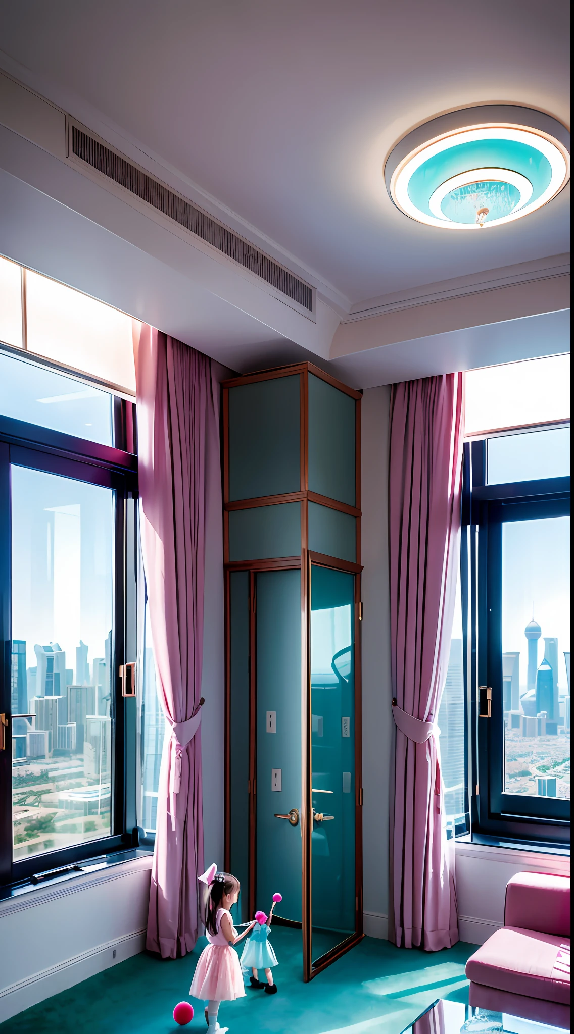 Floor-to-ceiling windows in the living room on the 180th floor of the Shanghai Tower door，Two  girls in openwork translucent stockings holding toys，Pout，Pink double-tailed hair and cyan eyes，Anime littlein servant costume