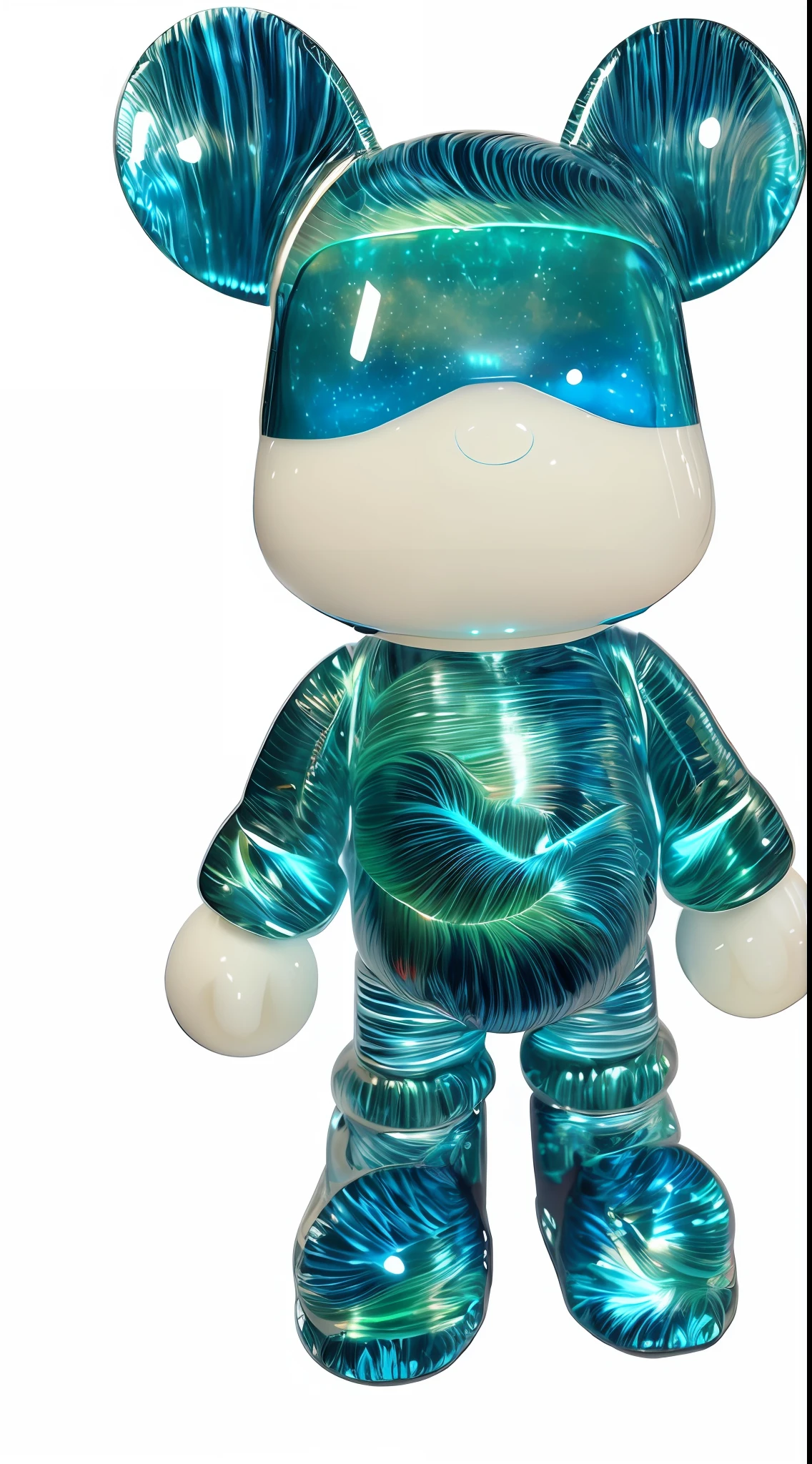 There is a blue-green bear wearing a blue hat, blue chrome top hippo body, holographic suit, as a full body funko pop!, sofubi, holographic creatures, filled with bioluminescence, Glowing spacesuit, led detailed spacesuit, male robotic anthro dolphin, vinyl toy figurine, white and teal garment, icy, blue holographic face