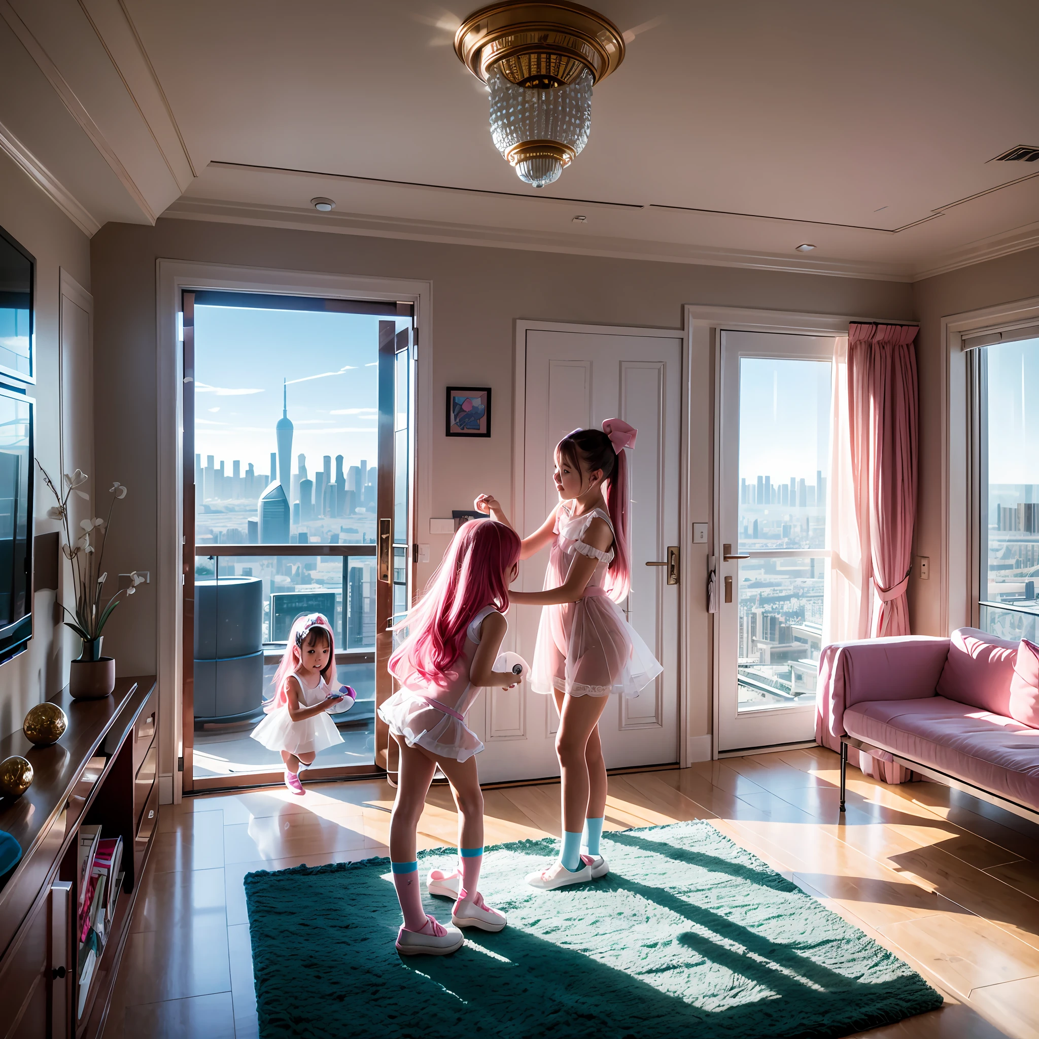 Floor-to-ceiling windows in the living room on the 180th floor of the Shanghai Tower door，Two little girls in openwork translucent stockings holding toys，Pout，Pink double-tailed hair and cyan eyes，Anime little girl in servant costume