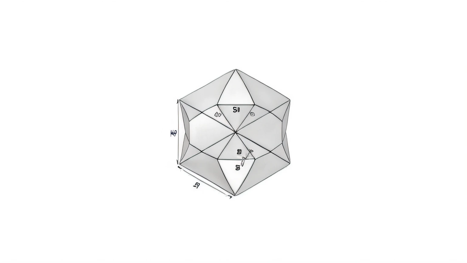 Pentagon drawing with a symmetrical line in the middle, Ideal polyhedron, hexagonal, polyhedron, hexagonal shaped, hexagons, whole figure, Dodecahedron, polyhedral, intricate mathematical shape, 3d cell shaded, 2 d, 2D, Geometric tessellation, ( Symmetrical )