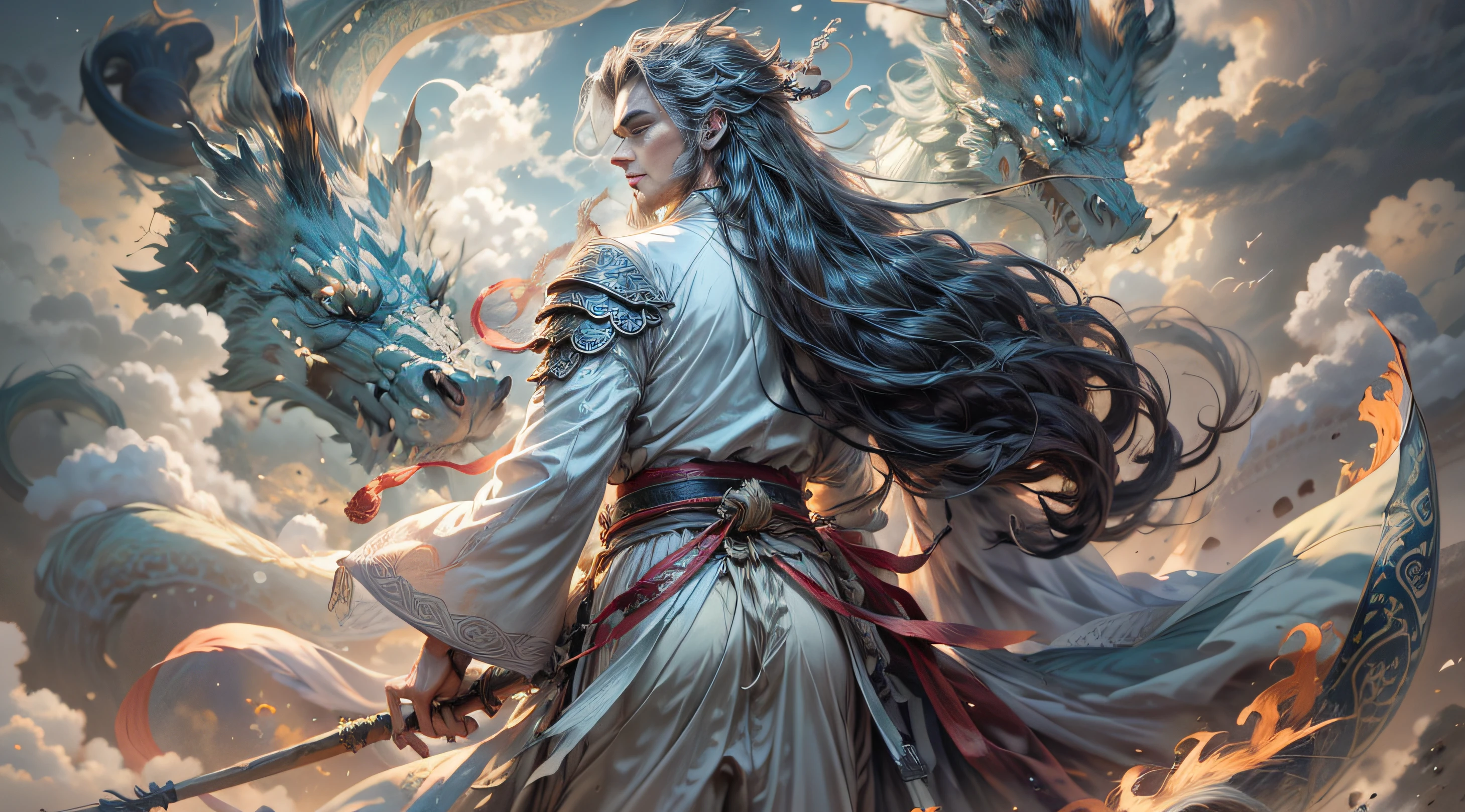 masterpiece, best quality), quadratic element,Auspicious clouds, Sea of clouds background, The divine light flows, Immortal standing,Ancient Chinese long-haired handsome man,20 year old boy,Comely,No beard,Delicate facial features,Fairy wind road bone,White to serve,Immortals,Deep eyes,Gorgeous costumes,hilltop。Carry a long stick behind your back 。Chinese style,Chinese martial arts style。