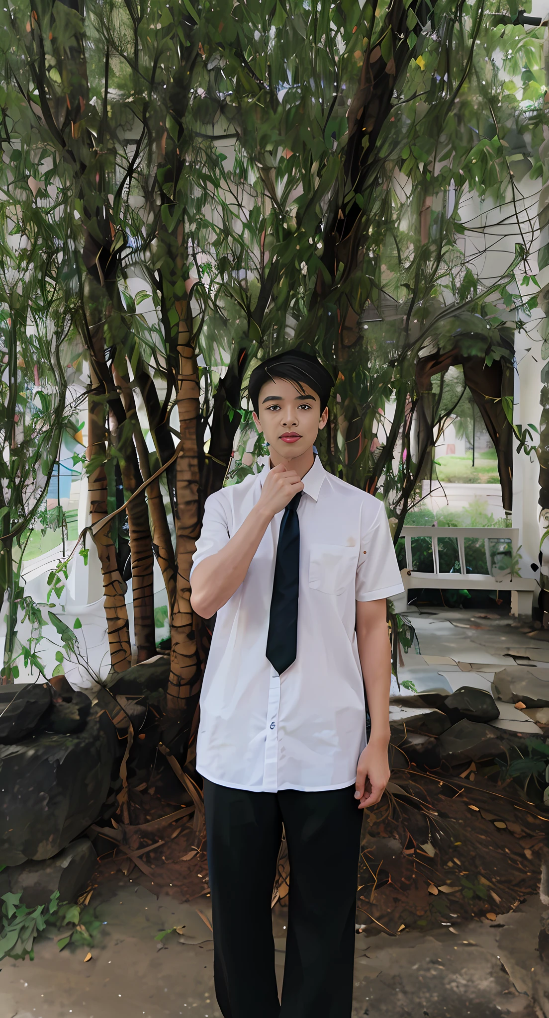 Handsome Morgan broken hairstyle,Beautiful background,Campus vegetation,School style