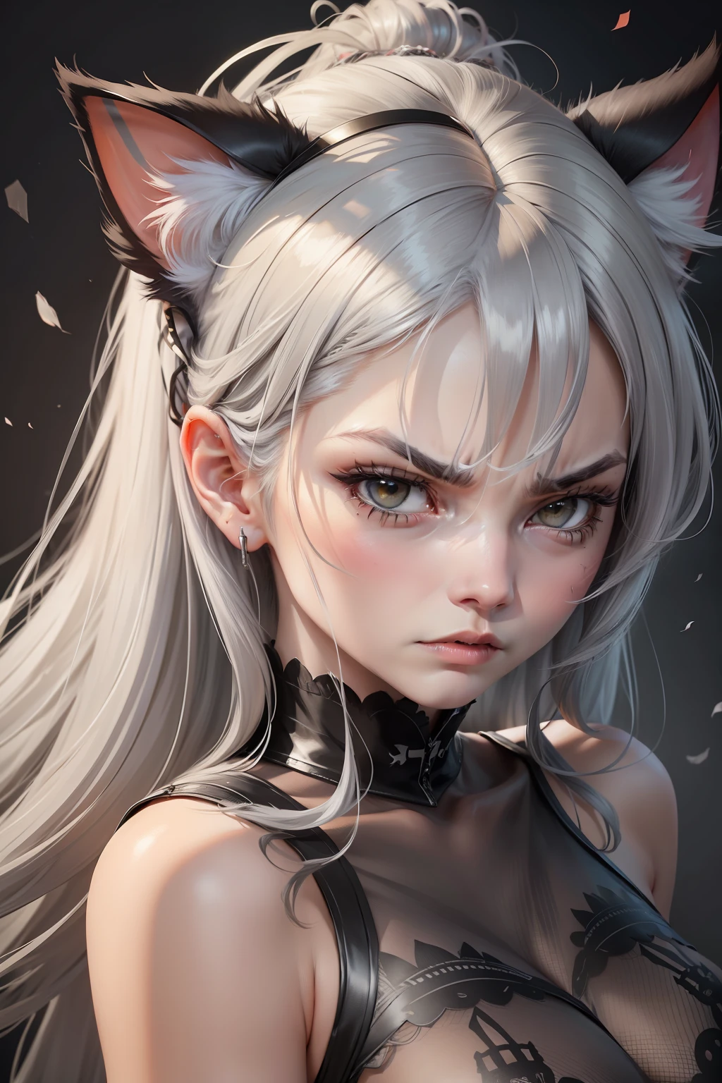 grey hair, wince, cat ears, angry, high detail, masterpiece, best quality