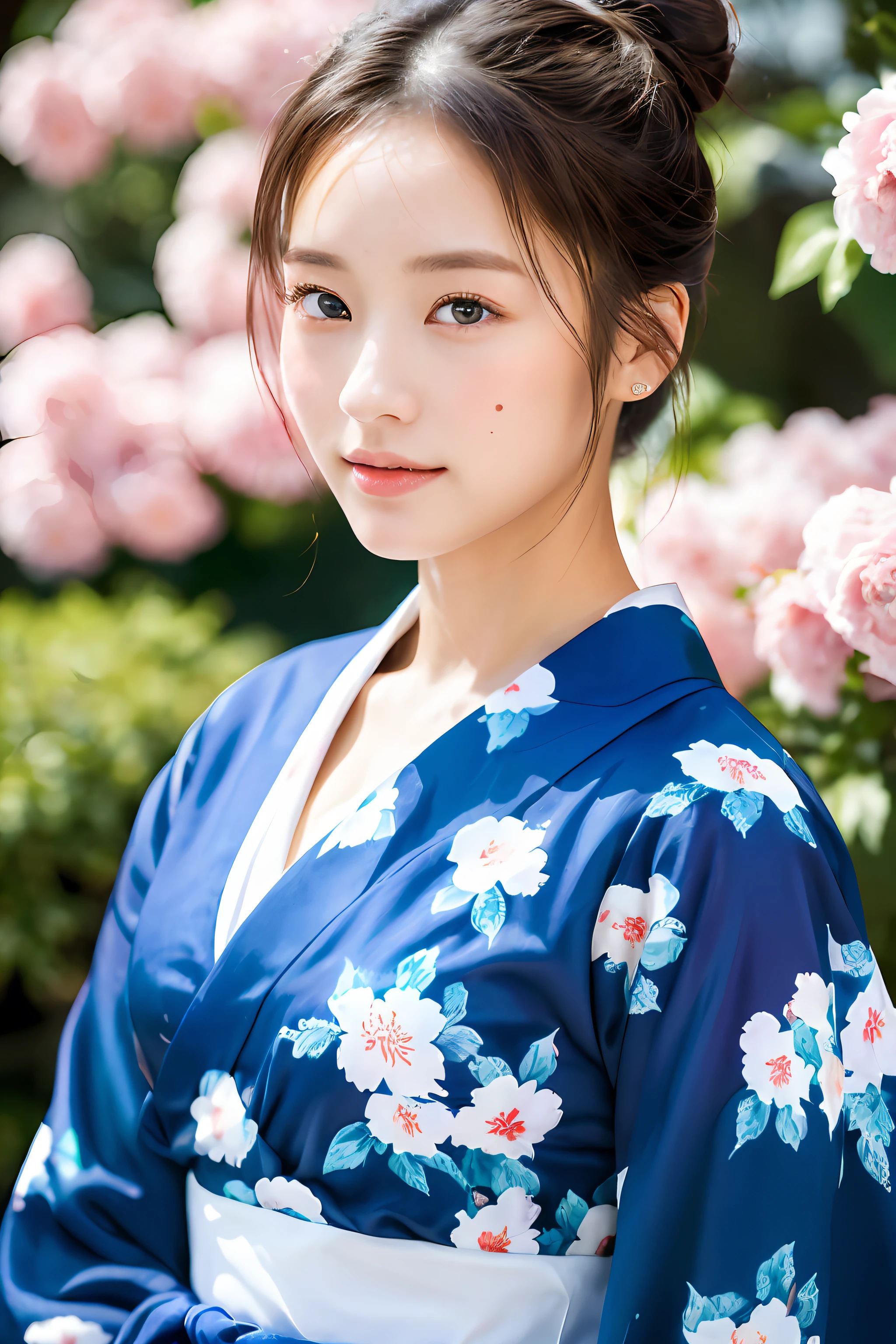 ((​masterpiece、top-quality、ultra-definition、hight resolution))、独奏、a beauty girl、radiant eyes、perfect  eyes、Japan's beautiful sister、Bun hair、Yukata with white floral pattern、The background is a festival、high-level image quality、4K.