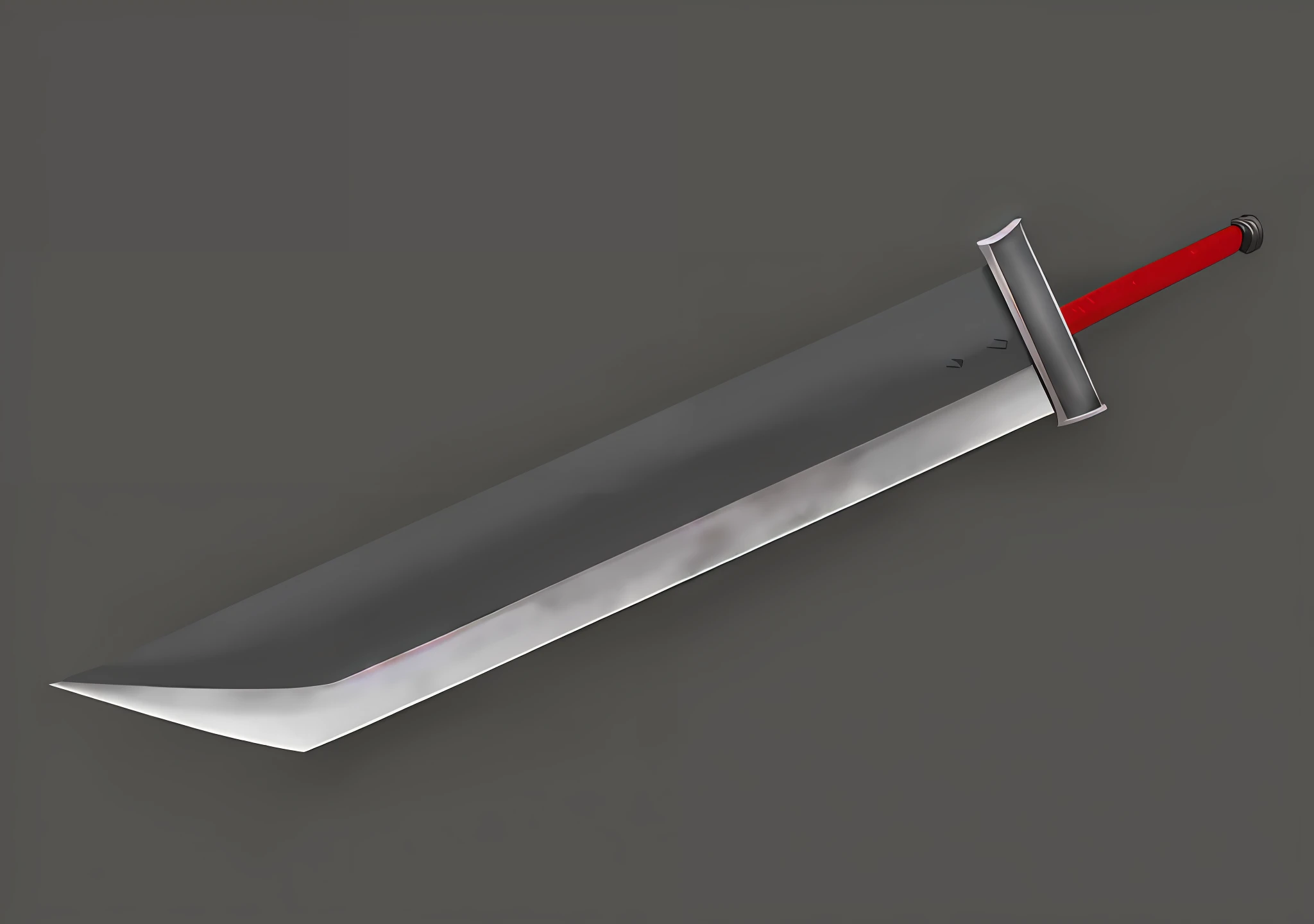 There is a sword with a red leather handle on a gray surface, Buster Sword, lame raytracing, Katana, Great Sword, Rendu net, sword, Big sword, Sword design, Science fiction sword, Jiang Sword, Rendering RPG elements, Steel Sword, Reflective Katana Swing, Huge sword, Base steel sword, Conception de la lame