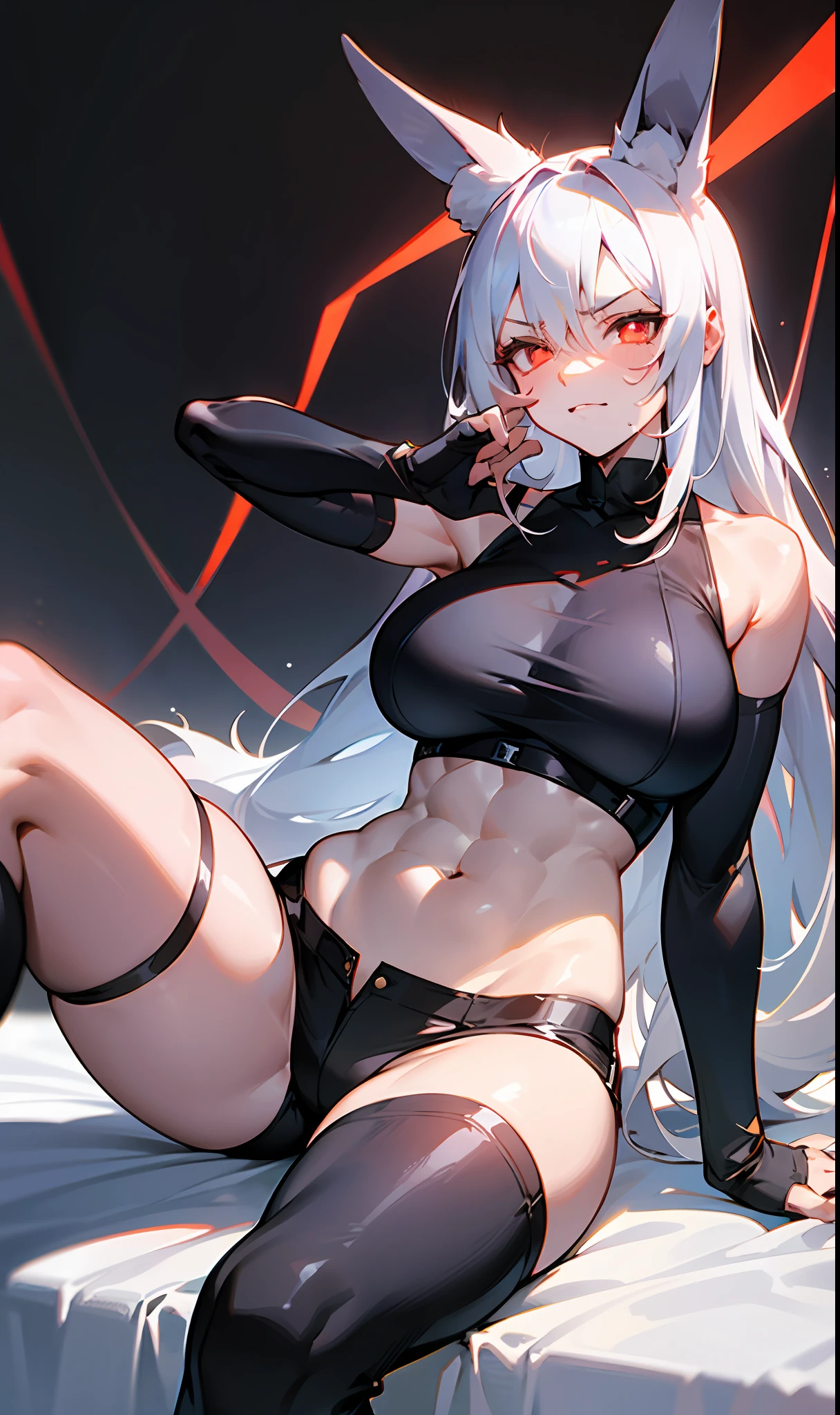 ((Masterpiece, best qualtiy))，exquisitedetails，Fine background，Delicate light，Ray traching，Perfect texture，one-girl，No-sleeves tank top，Black super shorts，Black band on upper body，Crop topping，Strangle，leg loops，Black stockings，black military boots，Red pupils，Glowing pupils，Exquisite facial features，long leges，Elaborate Eyes，Angry eyes，Leaking out of the stomach，evilsmile，Gloomy environment，voluptuous figure，Big breasts and thin waist，Tall guy，抖S，Royal Sister，full body shot shot，Be red in the face，White skin，Long white hair，Red pick dye，Only a pair of rabbit ears，Narrowing of the skin，Strangulation，mitts，Black clothing，Foot shot，Seductive action，inside in room，sit on chair，Hold your cheeks with both hands，Look down，Positive perspective，Show the legs，Show feet，Show feet，blackstockings，Erlang legs，Wearing military boots on his feet，Reasonable body posture，Leaking out of the stomach，Leaking feet，There are feet in the picture，Reasonable limbs，just two legs，Abs