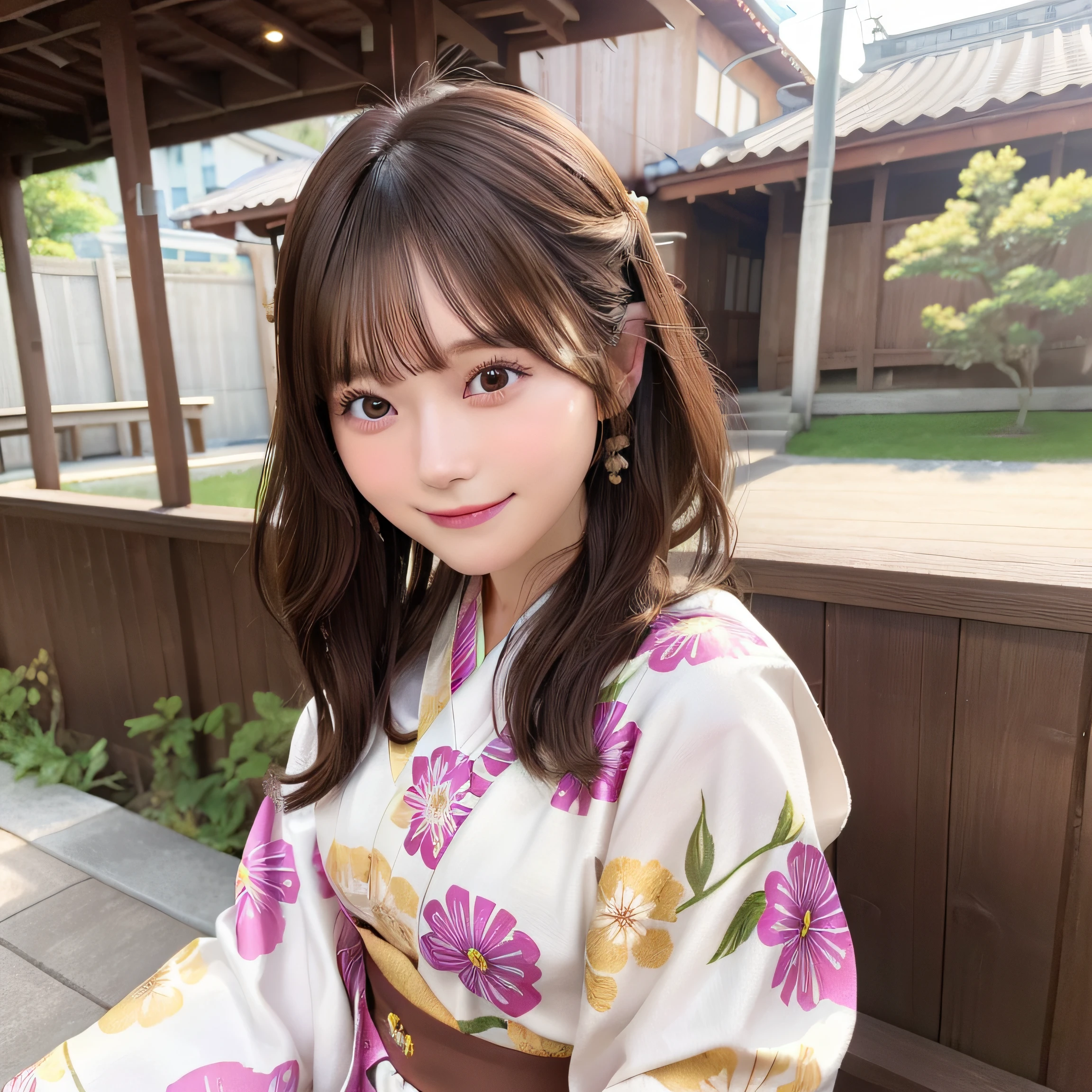 8K、Raw photo、Best Quality、 top-quality:1.1、 ​masterpiece:1.3、超A high resolution、nogizaka、Colorful yukata:1.5、Summer Festivals:1.2、1日本人の女の子、 Cute、 (Upper knees:1.5, From Side), natural skin textures:1.1, realistic eyes and face details:1.3, Full lips,(Background is blurry:1.4)、 (Shy smile)、 (Dark brown eyes), Smooth skin, (Brown medium hair,Bangs), (touch hair:1.4)、full bodyesbian、is standing、food stand、Yukata obi