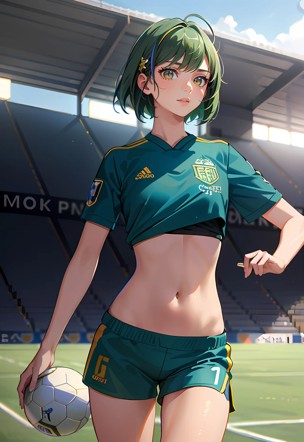 (Masterpiece, Best quality, Extremely detailed CG, Beautiful detailed eyes, Ultra-detailed, A high resolution, Intricate details:1.3), 8K wallpaper, (elaborate features:1.2), (1girll, Solo:1.3), (Realistic textures:1.4), Cute, (Vibrant colors, Dynamic lighting:1.2), (High contrast:0.9), in a panoramic view, (Delicate strokes:1.3), (Glossy glossy skin:1.1), chibi inset, (soccer court:1.5), navel focus, (angle of view:1.3),one-girl, soccer shorts, Dark green hair, Yellow eyes, full bodyesbian, Confident hair, soccer court, soccer ball, Light wind, Short hair, hair splayed out, color difference, hyper HD, ccurate, High details, Best quality