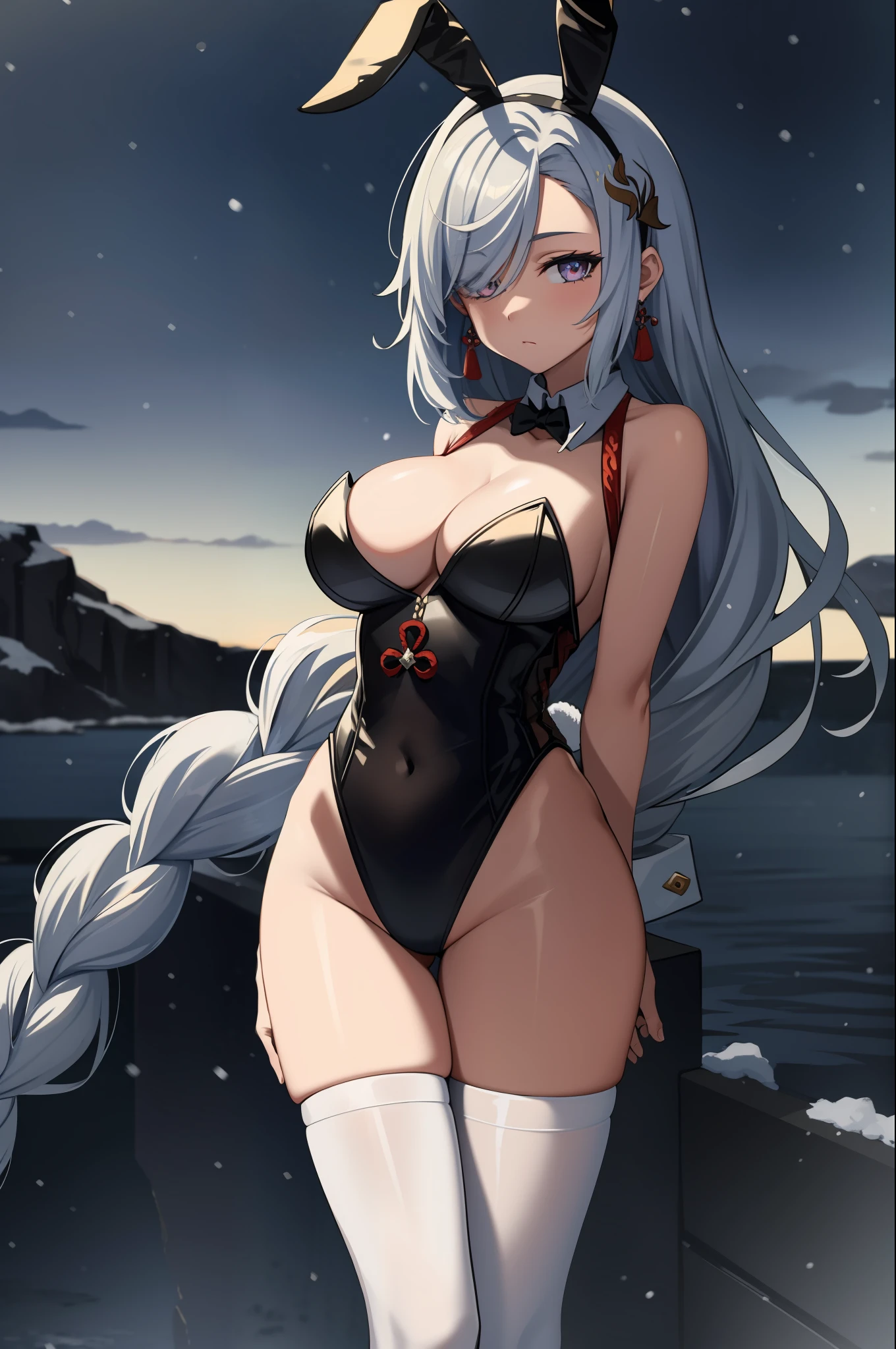 (highres), (absurdres), (best quality), (high quality), (masterpiece), 1girl, shenhe \(genshin impact\), long hair, silver hair, large breasts, arms behind back, (playboy bunny), leotard, black thighhighs, rabbit ears, hair over one eye, single braid, rainbow eyes, underboob, jewelry, looking at viewer, hair ornament, tassel earrings, fantasy, outdoors, storm, snow, snowing, ice,