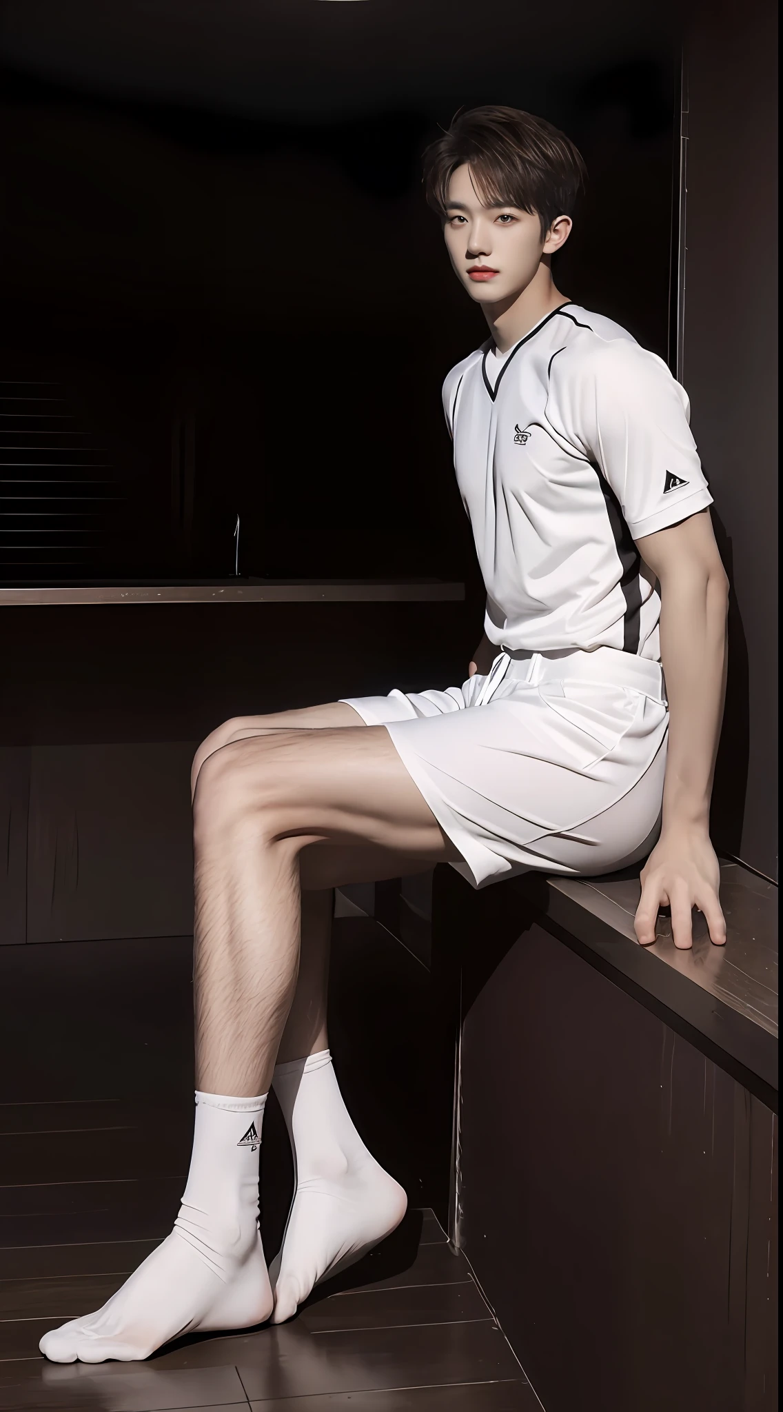 （A lovely Shota：2），（Colored screen：1.2），Solo，（full bodyesbian：3），（Stay away from the lens：3），Expose your legs，（revealing the whole body：2），（Frontal heads-up view：1.2），malefocus，（looking at viewert），16 yaers old，（Tall：3），（Tall guy：2），Super tall，（Height 300 cm：2），Excellent body proportions，（1.The shoulders are 5 times wider：1.2），（Slender straight legs：2.5），Slender feet，small heads，musculous，（Lovely and pretty：2），（The face of an anime man），（Very detailed beautiful face and eyes：2），（Big bright eyes：1.2），Sharp eyeliner，Clear and beautiful face，short detailed hair，（Correct facial features），（tilts your head：1.5），（having fun：1.2，smiling expression：2），(White striped men's baseball uniform：2)，（Tight shorts），（Muscle firming：2），Strong，（Wide shoulders and narrow waist：2.2），Sports men's socks，Detailed muscle texture，Highlights muscle structure，In school，（Sit upright：4），（full length shoot），ultra-realistic realism, (Photorealistic detail), Incredible accuracy, lifelike textures, masterful technique, Jaw-dropping precision, artistic dedication，（anatomy correct），Good lighting，exquisite detailing，Best quality，stunning masterpiece，CG