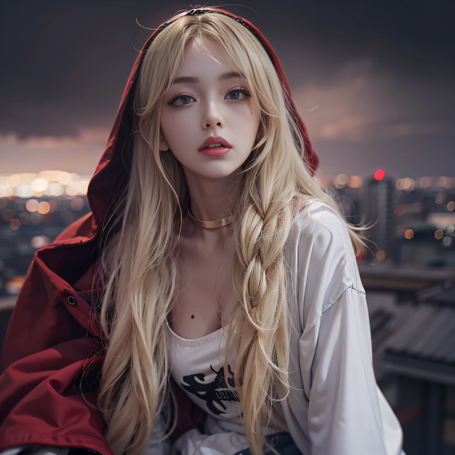 Warm color environment,Rooftop,the night,Blonde girl,long whitr hair,Forehead bangs,Small braids on both sides,golden hairband,Dressed in a black hooded cloak,Medium build,Red moles under the eyes,Skinny gray and white jeans
