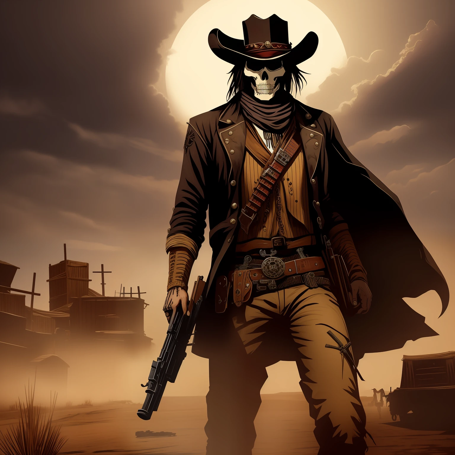 a skeleton holding a gun in a western setting, skeleton cowboy, post - apocalyptic cowboy, western gunslinger, weird west, deadlands, cowboy plague doctors, gunslinger, the cowboy in the weird west, oldwest, [ red dead ], an epic western, cyberpunk wild west, red dead redemption art style, the gunslinger, dead redemption