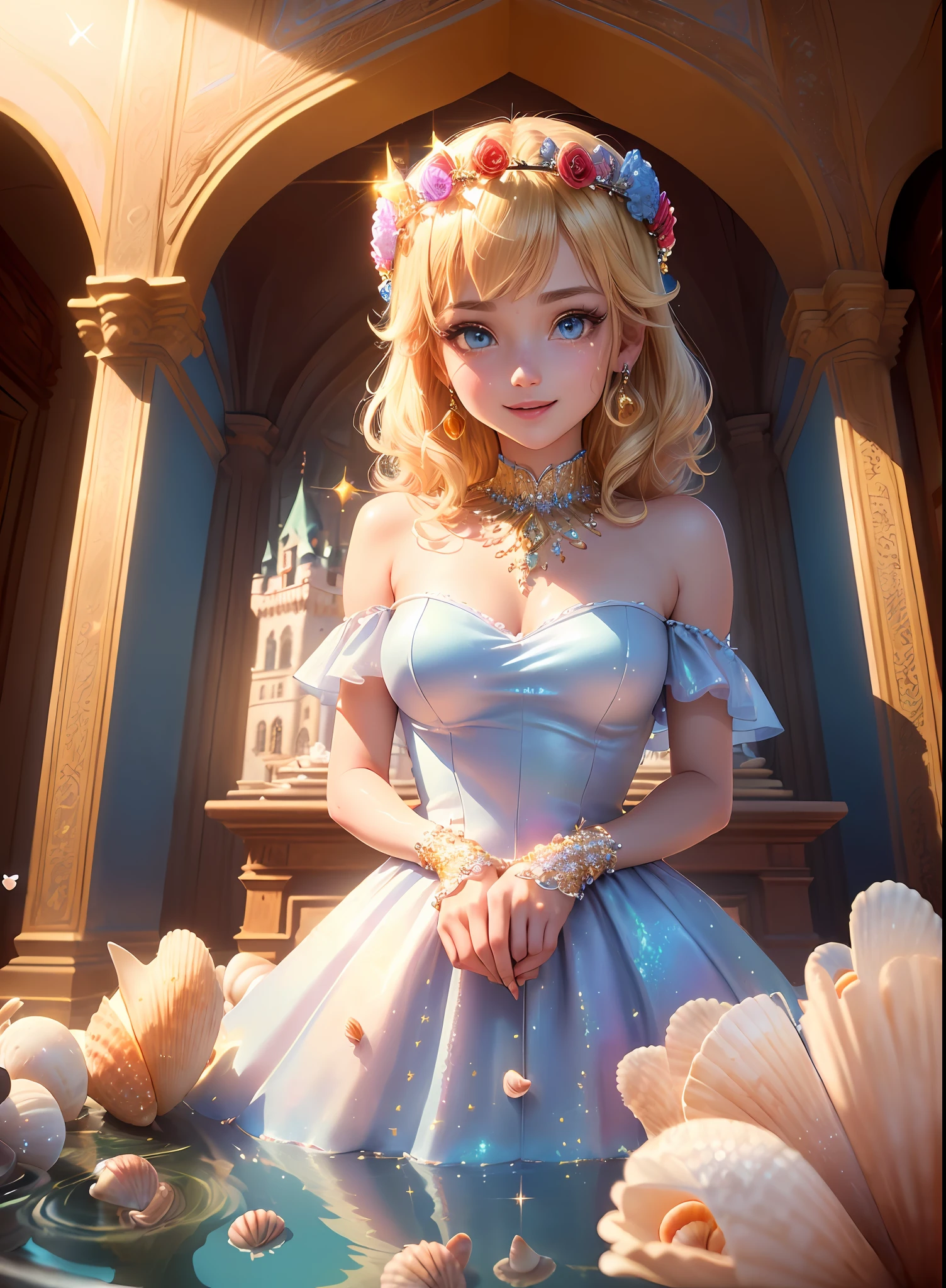 masterpiece, (((best quality))), ((highly detail eyes)), ((perfect eyes)), ((((beautiful eyes)))), both eyes are the same, smooth, (((((perfect face))))), extremely detailed 8K, high resolution, ultra quality, glare, Iridescent, Global illumination, real hair movement, realistic light, realistic shadow, perfect quality, detailed shadow and light, pixar, ((FANTASY)), ((MAGIC)), (((cinematic light))), colorful, hyperdetail, dramatic light, intricate details, best quality, (extremely detailed CG unit 8k wallpaper, masterpiece, best quality, ultradetailed, best shadow), (detailed background: 1.4), (beautiful and detailed face, beautiful detailed eyes), High contrast, (better lighting, extremely delicate and beautiful) beautiful and detailed brightness, 3D, HIPER quality, 2K, 3K, 5K, 6K, 7K, 8K,
((((cute and delicate girl)))), ((((blonde hair))))),((medium hair)), ((((kawaii)))), ((cute eyes))) , ((((kawaii eyes))))
((((Princess)))), ((((Princess flower crown))))
(((((LONG FLOWER BIG dress detailed glitter pastel RED crystal princess dress))))),
shiny crystal shoes, ((gold accessories, gold earrings, flower accessories, pearl accessories)),((happy expression)), (((((blue crystals)))))
((((INTERIOR OF THE CASTLE, CASTLE ROOM WITH FLOWERS, CASTLE ROOM WITH SUNSHINE, COZY CASTLE, BRIGHT CASTLE, CASTLE ROOM WITH LAMPS, PILLOWS, ))), ((WATER FOUNTAIN WITH ROSE FLOWERS)))), (SHELL ACCESSORY), ((((((LAKE, SHELLS, FLOWERS,WATER SOURCE))))))), (((((FIREPLACE)))))
(((SHINES, SPARKLES)), GOLD, (((sparkles))), ((shiny butterflies flying)),
