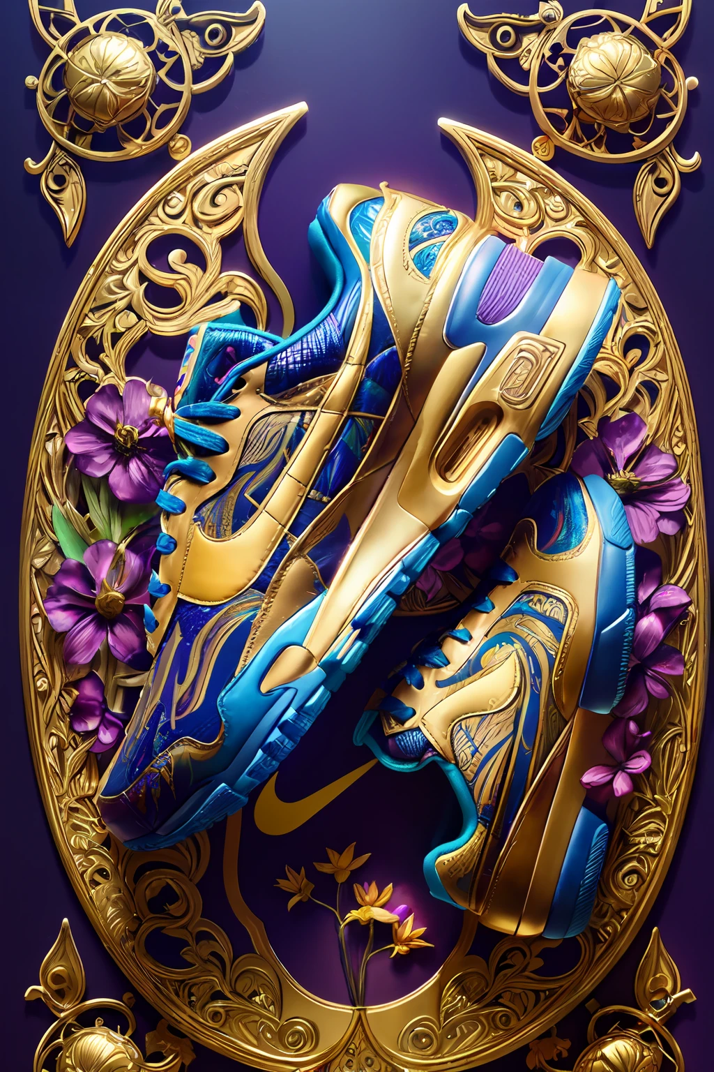 a stunning interpretation of nike shoe sneaker made of petals, advertsiement, solarpunk, highly detailed and intricate, golden ratio, very colorful, hypermaximalist, ornate, luxury, elite, good vibes, oil painting, cinematic, cgsociety, James jean, Brian froud, ross tran