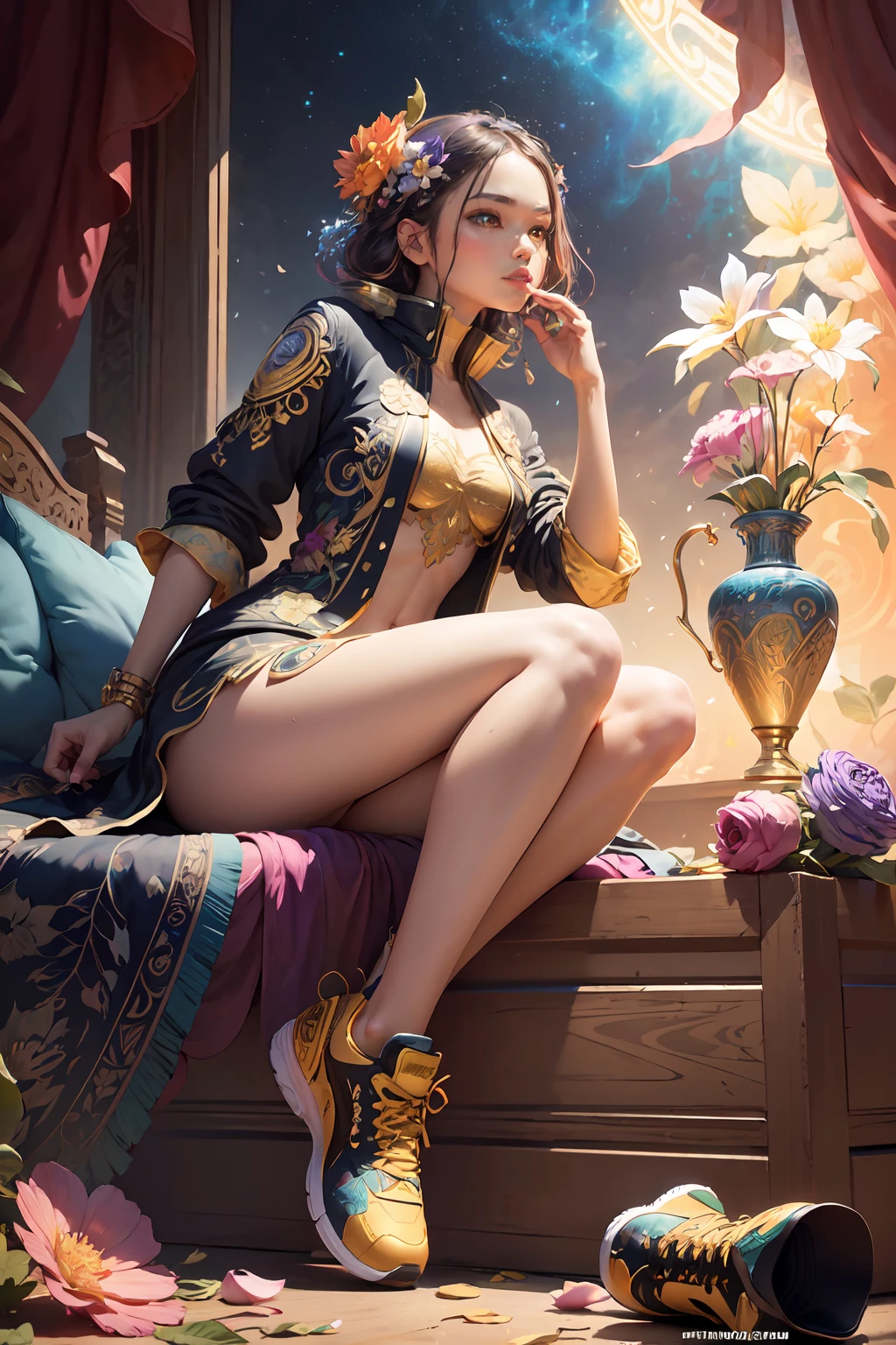 a stunning interpretation of nike shoe sneaker made of petals, advertsiement, solarpunk, highly detailed and intricate, golden ratio, very colorful, hypermaximalist, ornate, luxury, elite, good vibes, oil painting, cinematic, cgsociety, James jean, Brian froud, ross tran