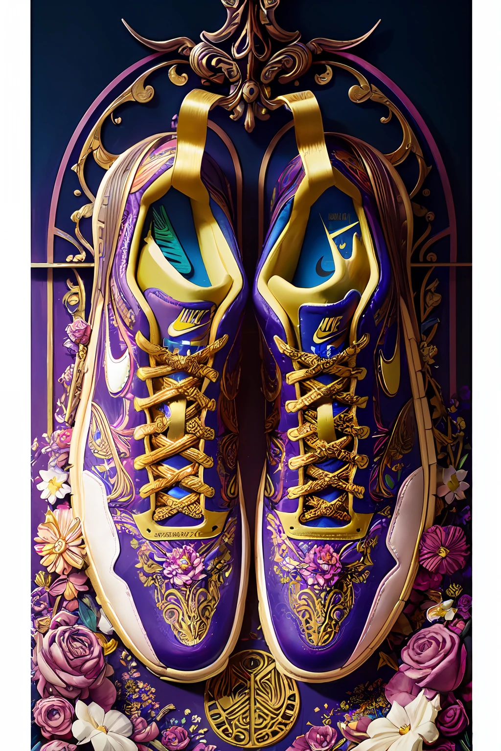 a stunning interpretation of nike shoe sneaker made of petals, advertsiement, solarpunk, highly detailed and intricate, golden ratio, very colorful, hypermaximalist, ornate, luxury, elite, good vibes, oil painting, cinematic, cgsociety, James jean, Brian froud, ross tran