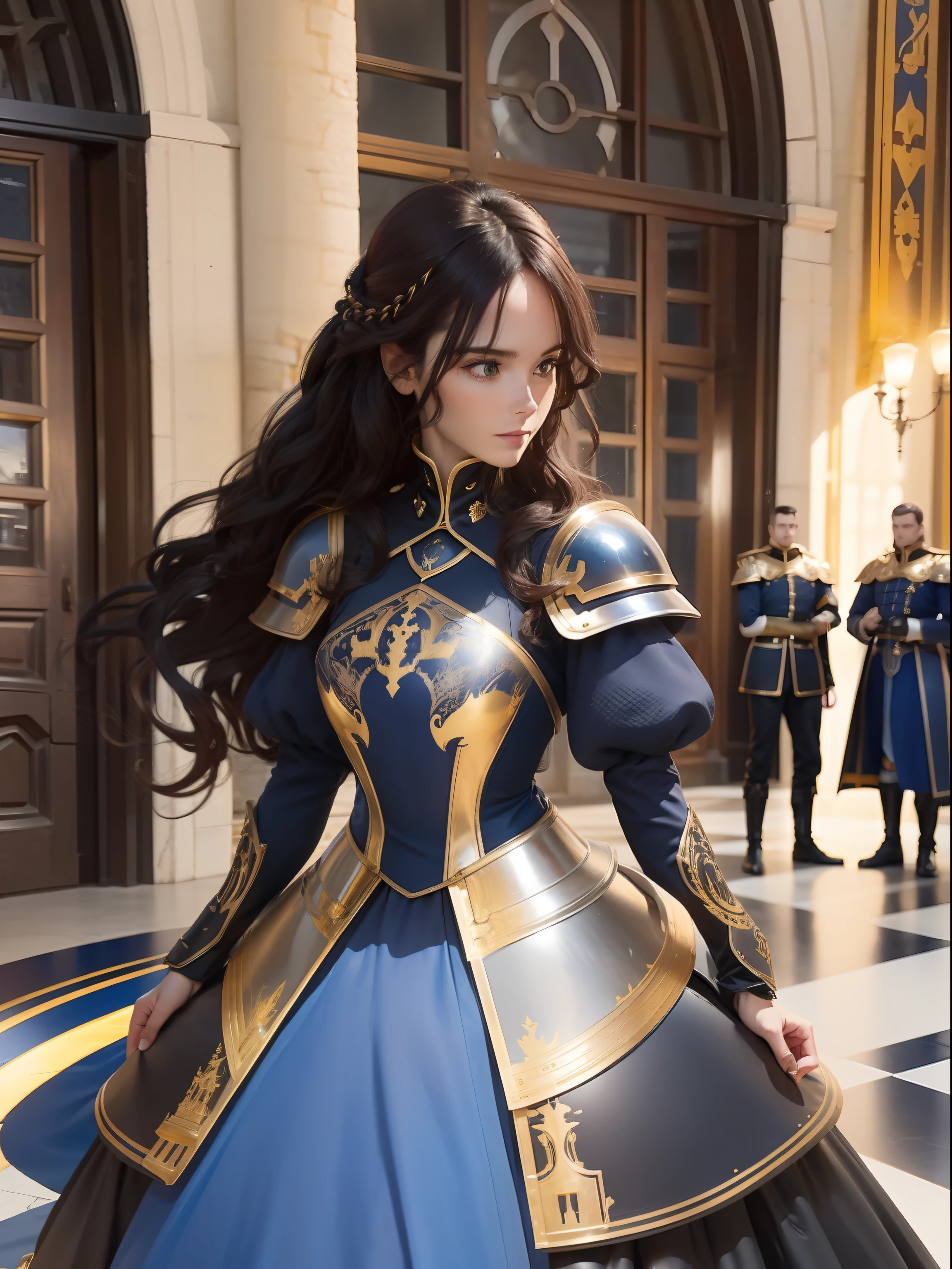 There is a golden rim of navy blue gorgeous armor,In the background, the square in the center of the castle is flanked by soldiers in black armor,long whitr hair,brunette color hair,Big waves,quadratic element,