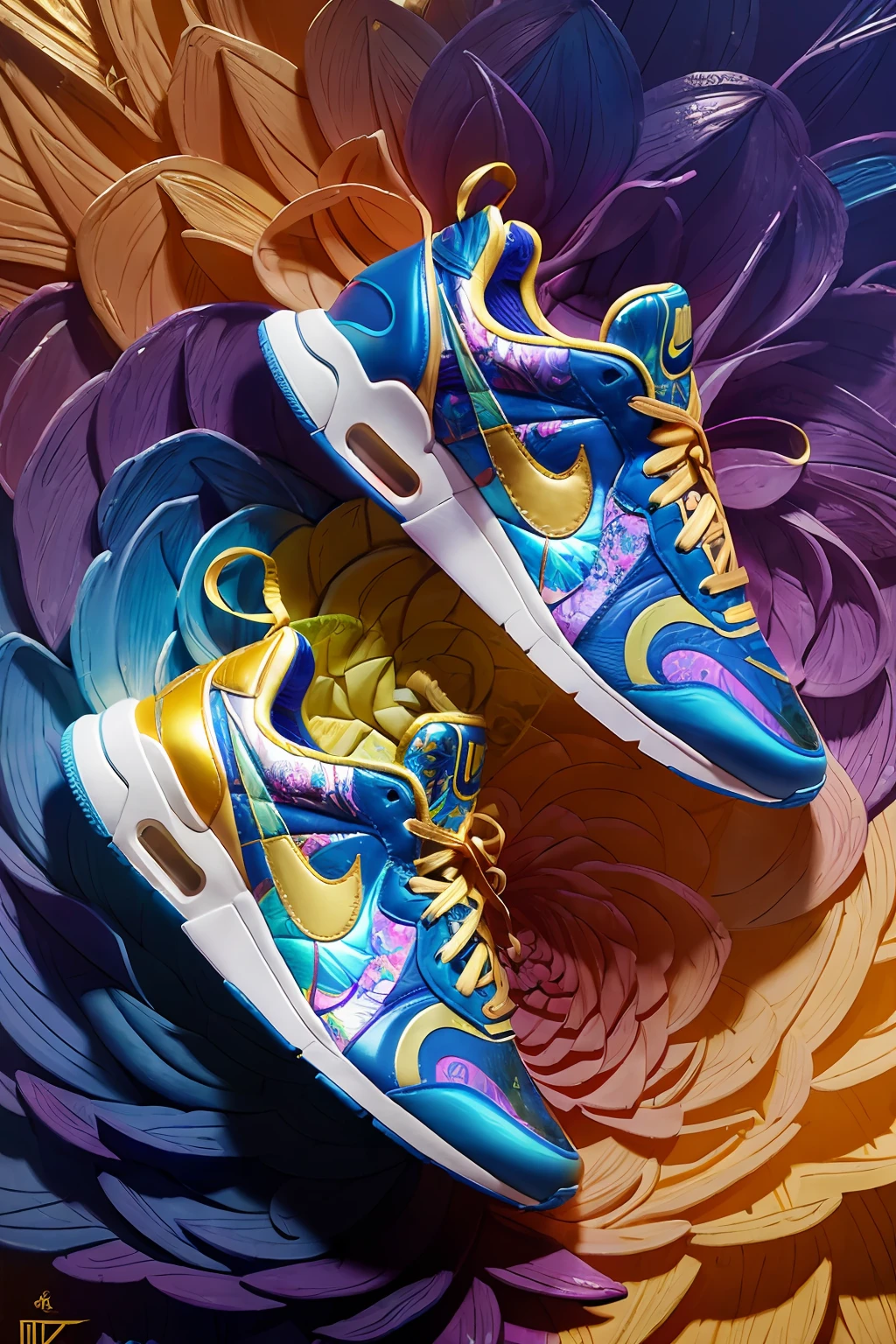 a stunning interpretation of nike shoe sneaker made of petals, advertsiement, solarpunk, highly detailed and intricate, golden ratio, very colorful, hypermaximalist, ornate, luxury, elite, good vibes, oil painting, cinematic, cgsociety, James jean, Brian froud, ross tran
