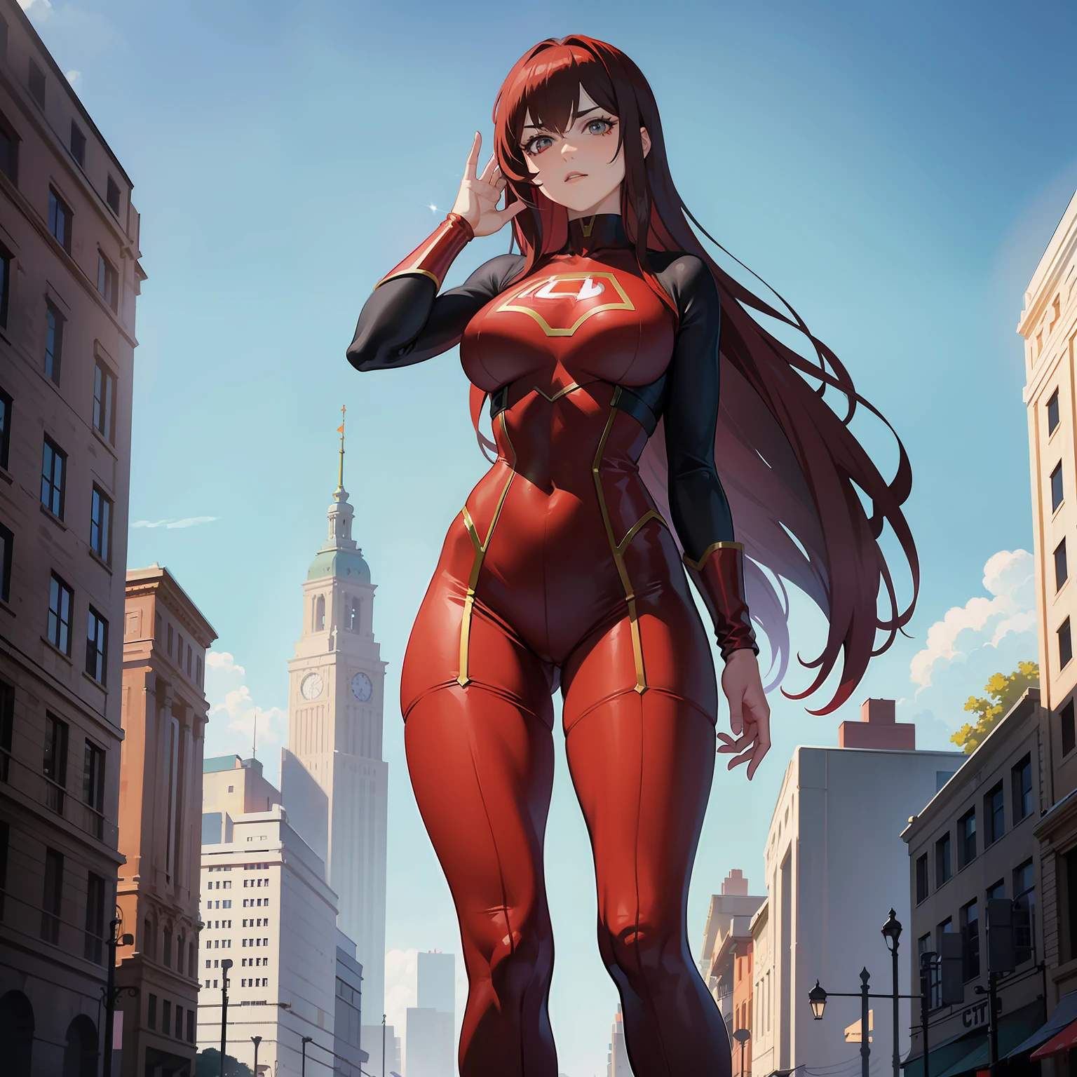 A woman 50 feet tall,pelo rojo corto,Wearing crimson tights,super heroes,Bigger than the building,Two legs,nice hand,Five fingers,((GTSCity)),((der riese)),((full bodyesbian)),immensity,Marvel,Giants in the city
