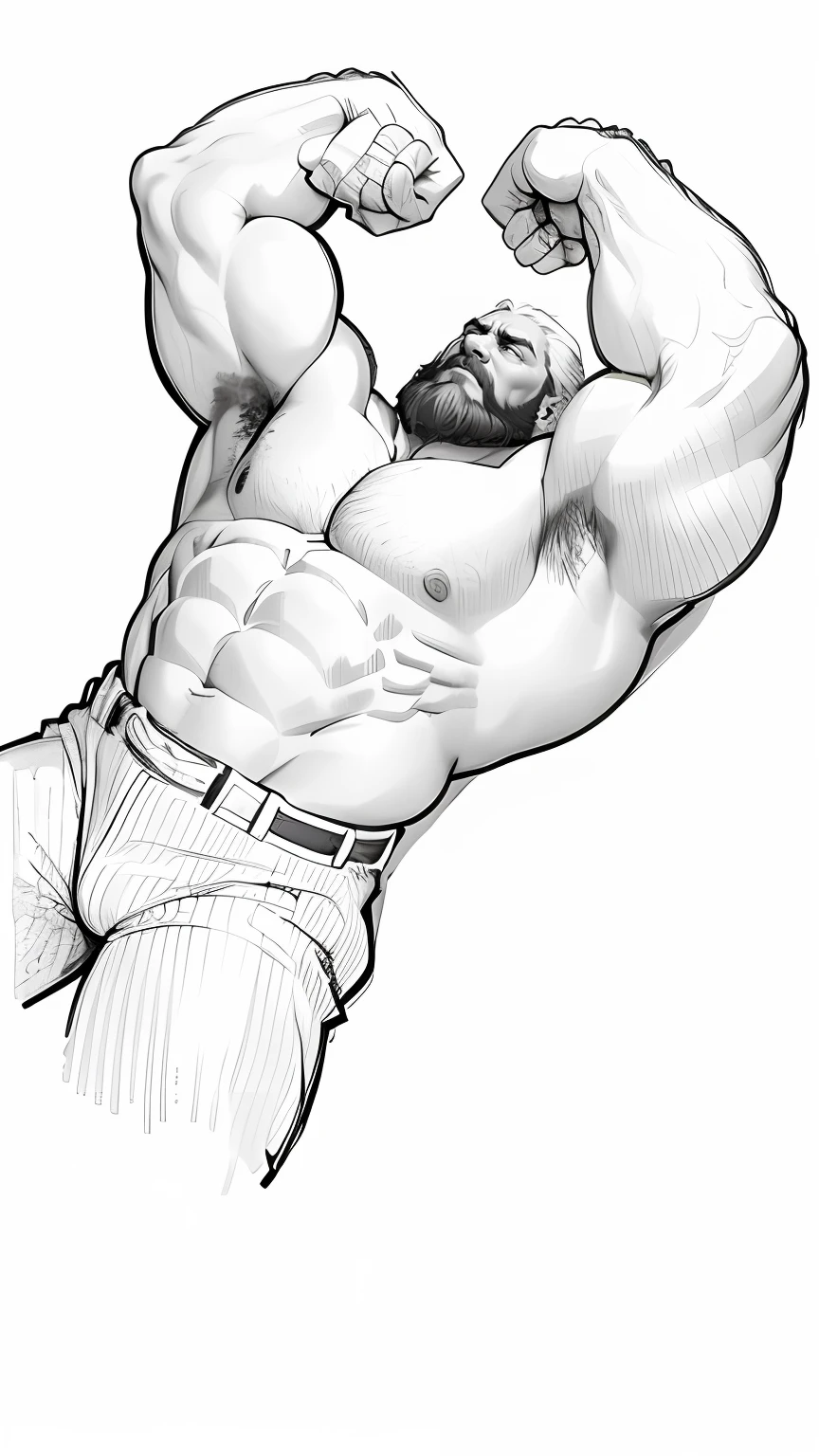 (masterpiece, highres, ultra detailed, best quality:1.2), (colorful, depth of field, dutch angle, person-centric:1.4), (chubby: 2), (anger: 1.5), (blush: 1.5), (heavy breathing: 1.5), (big eyes: 1.5), (white body hair: 1.5) (long white hair: 1.5), (long and thick white beard: 1.5), (wrinkled skin: 1.5), a close up of a cartoon of a man with a beard muscular character, strong chest, muscular characters, muscular! white, muscular male hero, strong arms, large muscles, Reinhardt Wilhelm from Overwatch, Reinhardt, old man, mature man, white hairs, white beard, solo, male focus, muscular, topless male, thick abs, mature male, pectorals, thick stomach, chest hair, navel, large pectorals, thick wrists, showing armpits, laying on the ground
