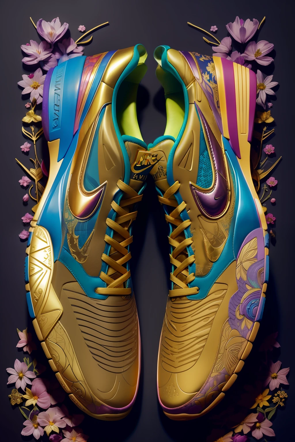 a stunning interpretation of nike shoe sneaker made of petals, advertsiement, solarpunk, highly detailed and intricate, golden ratio, very colorful, hypermaximalist, ornate, luxury, elite, good vibes, oil painting, cinematic, cgsociety, James jean, Brian froud, ross tran