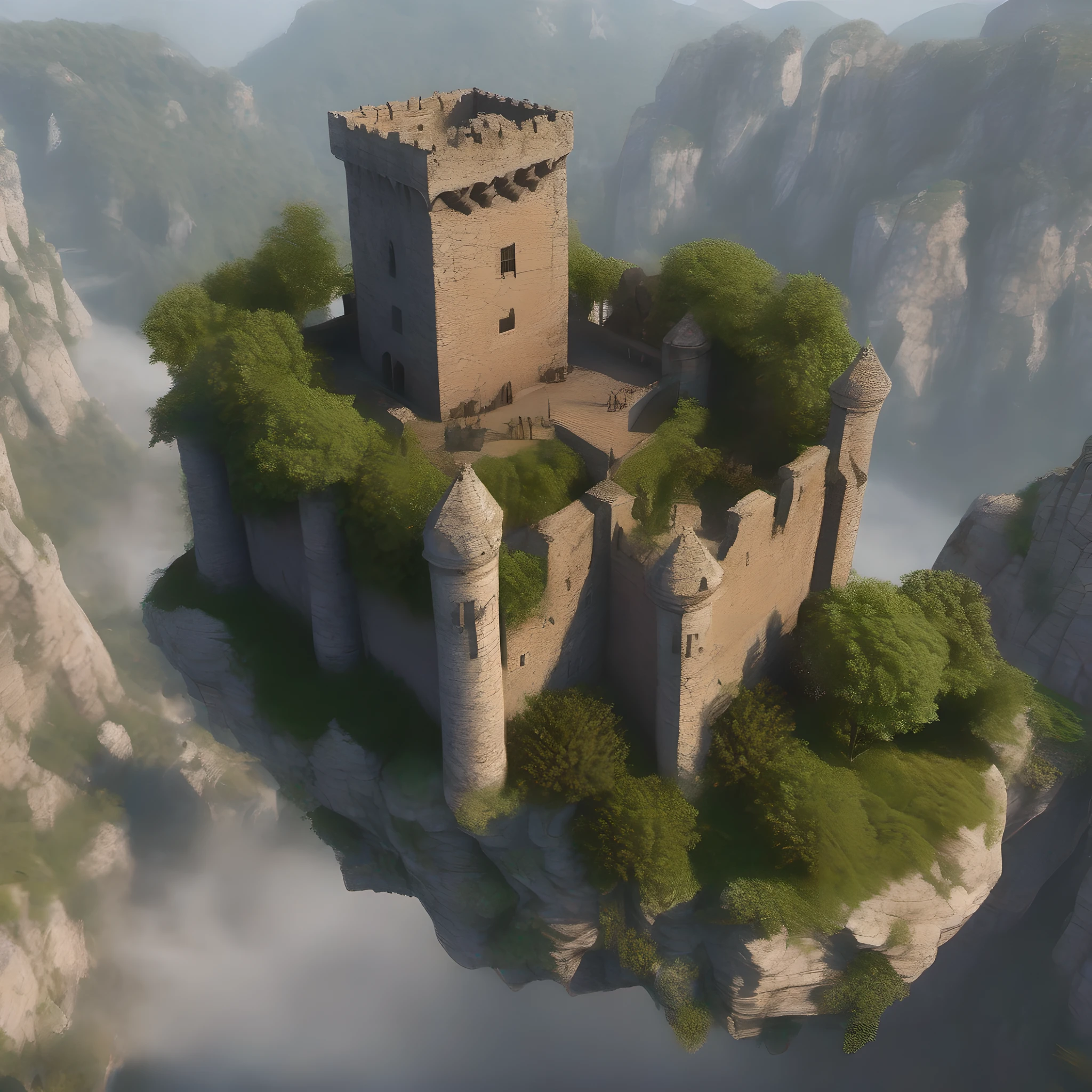 Large medieval tower on top of a rock floating above the earth, suspended in the air that can only be climbed by the thick vines hanging from its battlements, 8K, UHD.