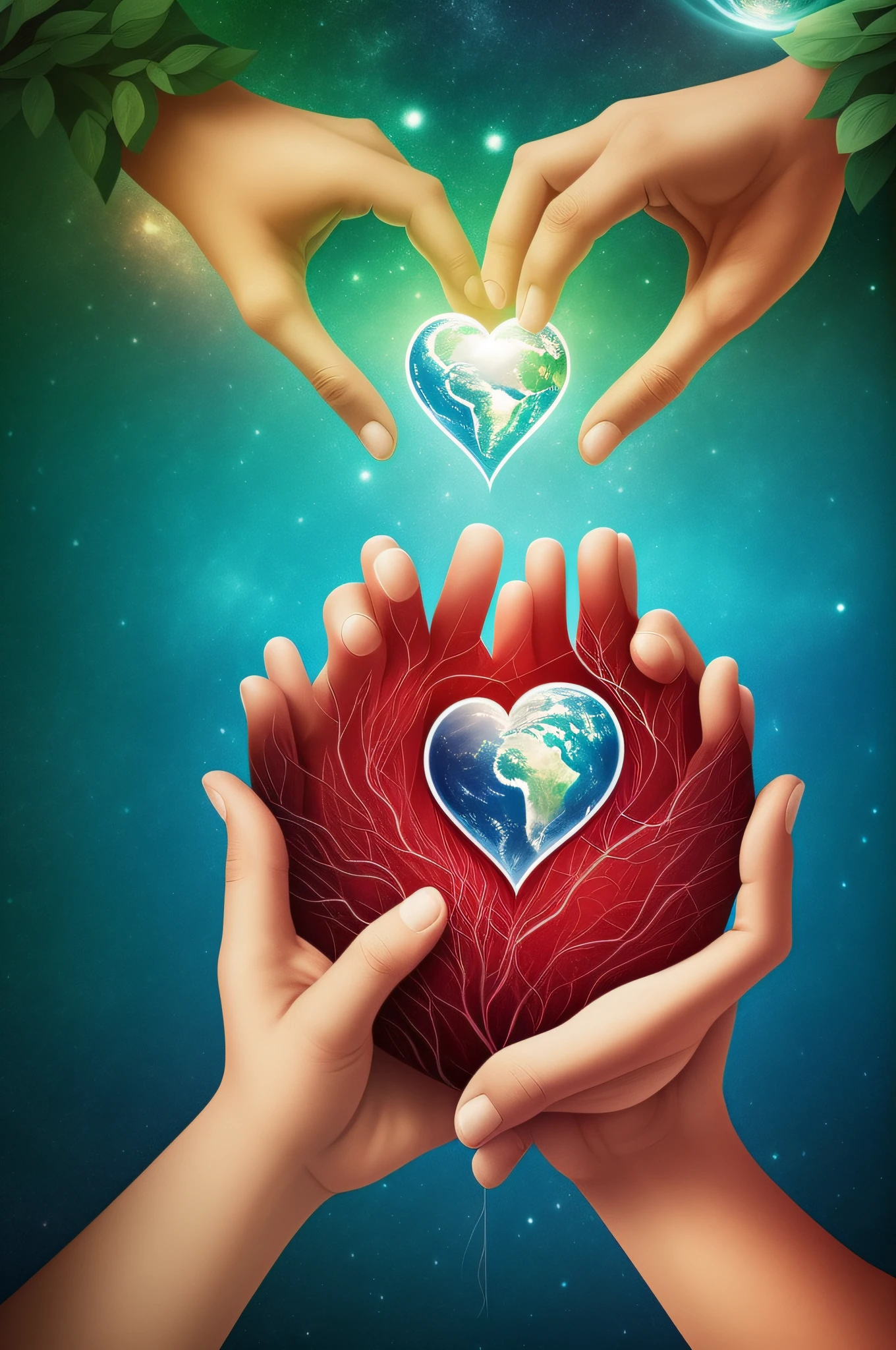 In the center of the universe there is the center of the earth,That's the heart。,Rooted in arteries,Half of a human hand and half of an animal's paw hold the earth together Stylized digital illustration