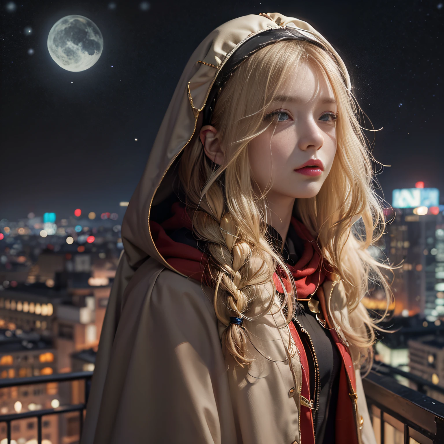 Warm color environment,Rooftop,the night,Blonde girl,long whitr hair,Forehead bangs,Small braids on both sides,golden hairband,Dressed in a black hooded cloak,Medium build,Red moles under the eyes
