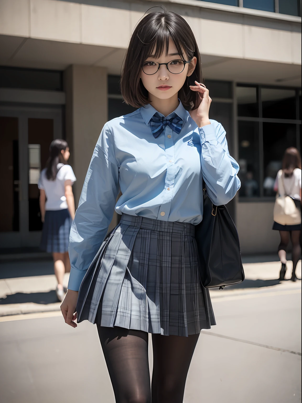 （8K、Raw photography、top-quality、​masterpiece：1.2),Bullish,Muchimuchi,Erotic,Pupils,Light Blue Bra,de pele branca,kne,(Black pantyhose),absurderes,a small face,small tits,flat breast,Parting the bangs from the middle、Forehead visible,(a cold expression,Tight eyes,glares,Bullish,skinny,Rasping,irate)、​masterpiece,top-quality、超A high resolution,Raw photo,ren,Beautiful fece,One Person, 独奏,eye glass,,Dark look,Small breasts,fullllbody,Round glasses、cute little、Student Back,JK school uniform,hi-school girl,A Japanese Lady,is standing,（Photorealsitic：1.37）、Photon mapping,Realistic、Cute little face,Brown-eyed、Black socks、(Red bow tie)、Radio City、Physically Based Rendering、Foreground、depth of fields、Blurry background、a picture,The girls、Body,beauty legs, Long legs, Thin leg,shorttwintail,(Bangs are visible), hair, s lips, Blue_The eye, nosesoft,(Light blue shirt), (Navy and blue and white plaid pleated skirt), Knees are visible,Sheer clothing,, Thigh, Black cotton socks,Nogizaka Idol, 女優, Japanese ido