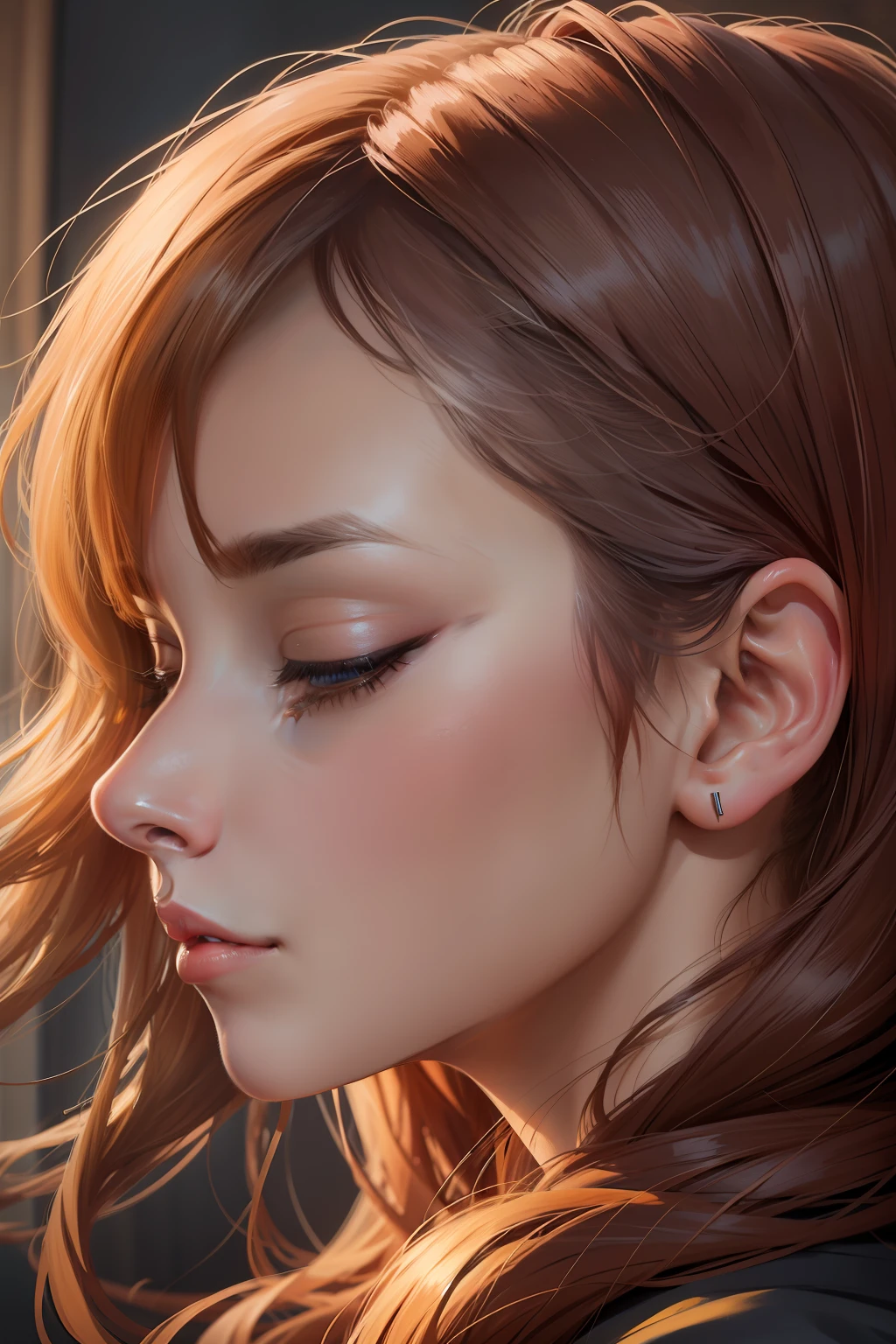 There is a painting of a woman with her eyes closed, profile of anime girl, Close-up profile face, Side Profile Senator Portrait, Female profile, Female profile, anime girl portrait profile, Profile face, side profile artwork, Face profile, Side profile center portrait, Detailed face of a woman, profile pose, Woman's face